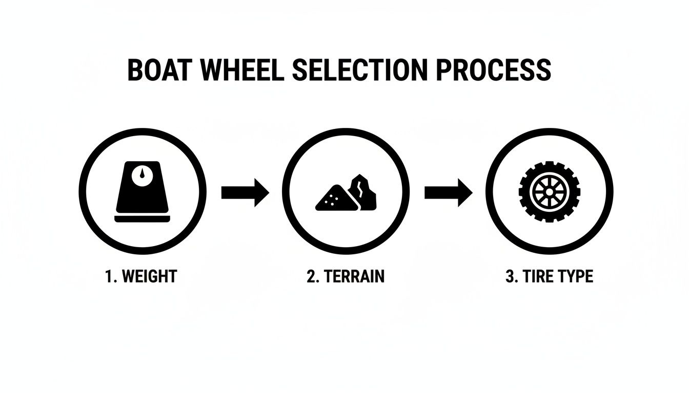 Infographic illustrating the boat wheel selection process based on weight, terrain, and tire type.