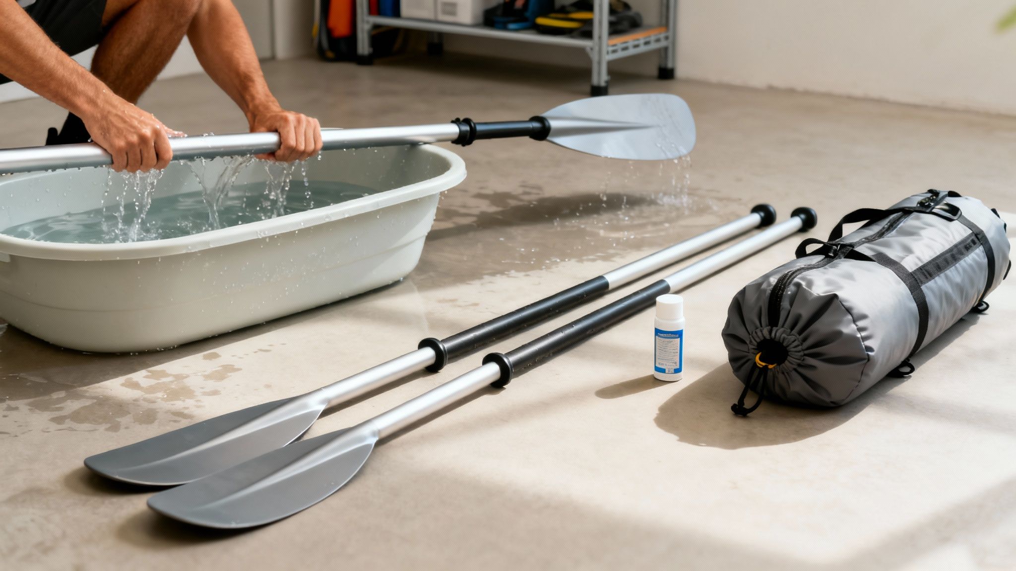 A person washing boat paddles in a tub, with other paddles and a packed bag nearby.