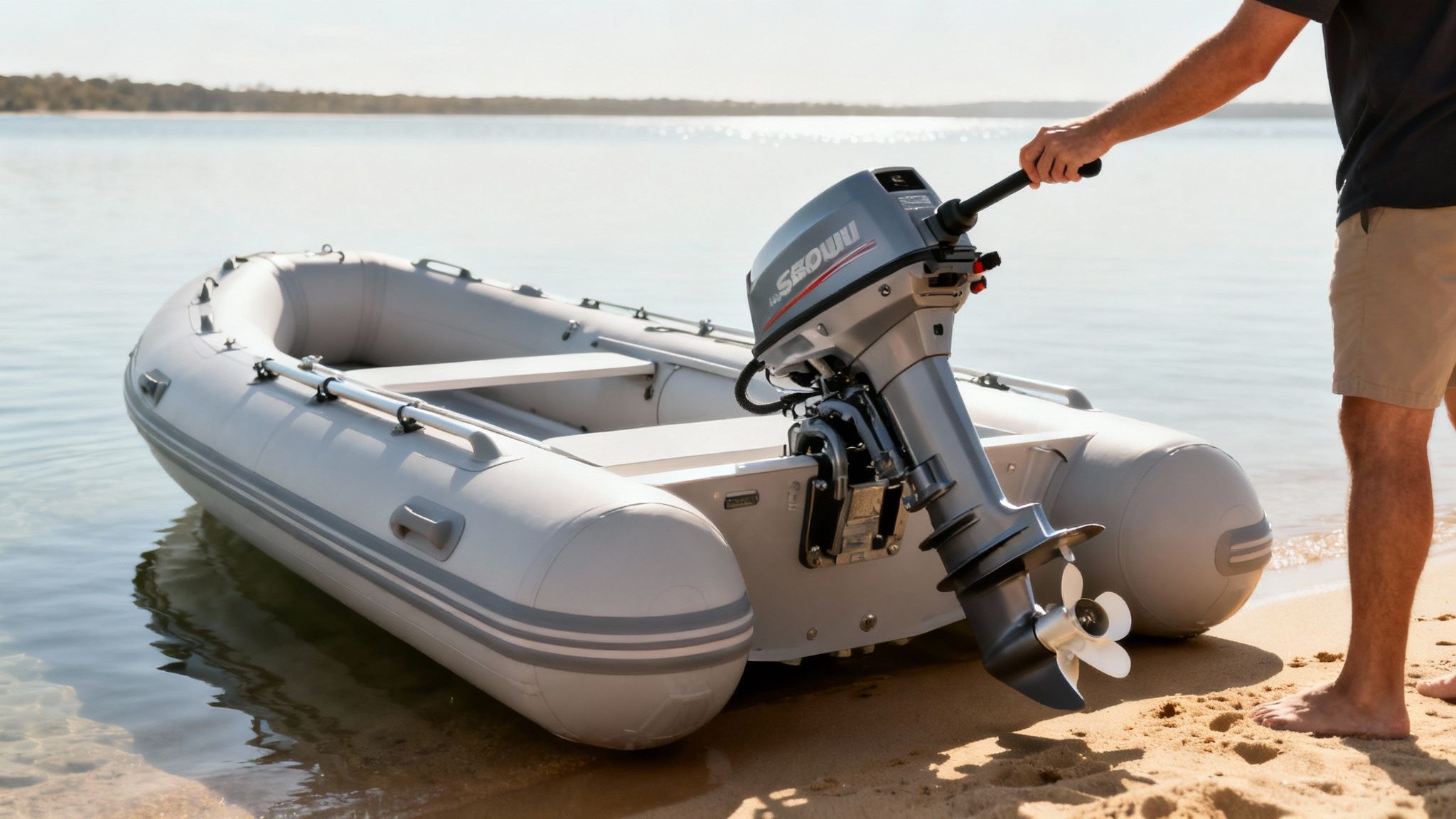 A man installs an outboard motor onto a grey inflatable boat at the water's edge.