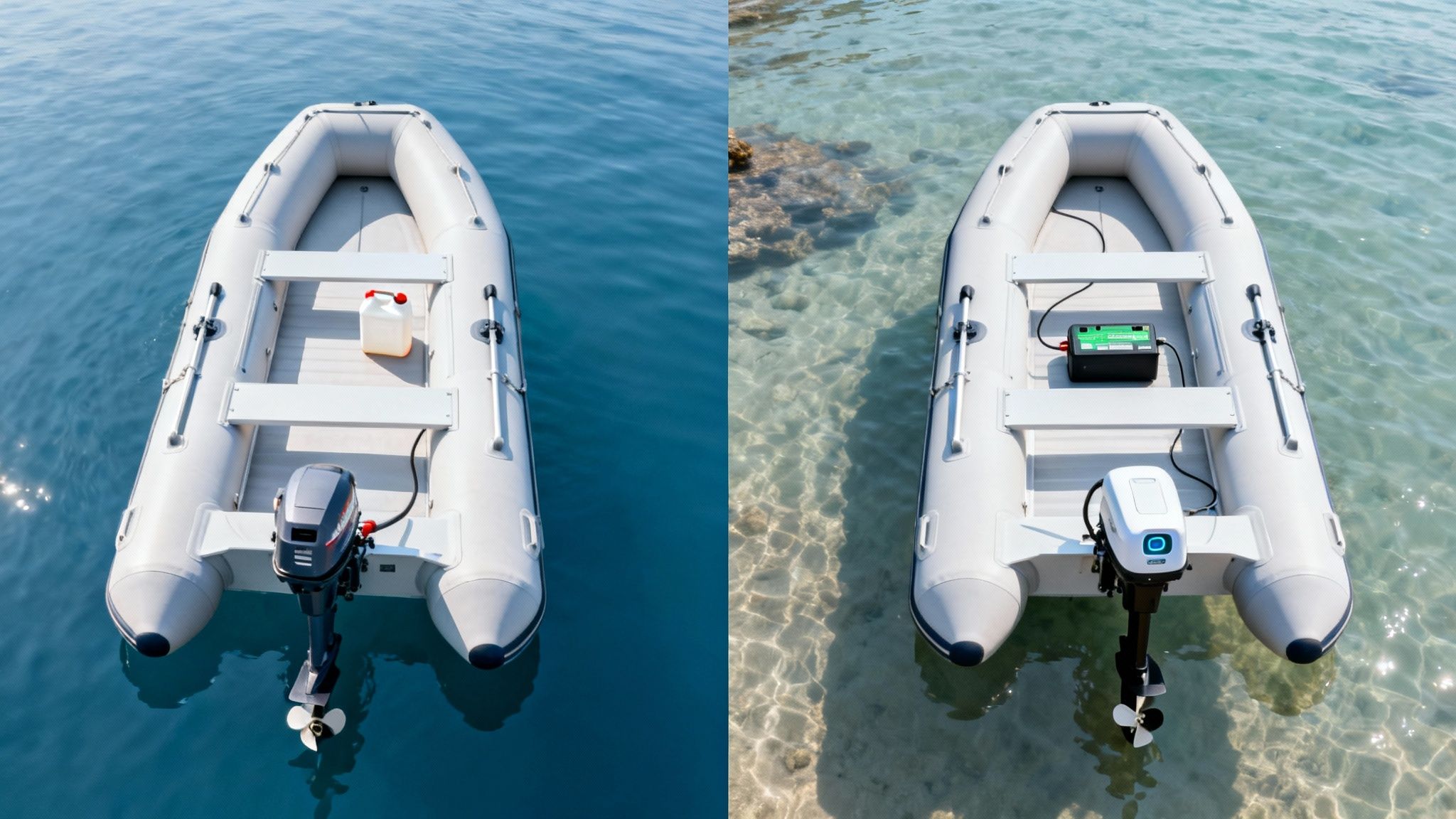 A split image shows two inflatable boats: one with a gas motor and fuel, another with an electric motor and battery.