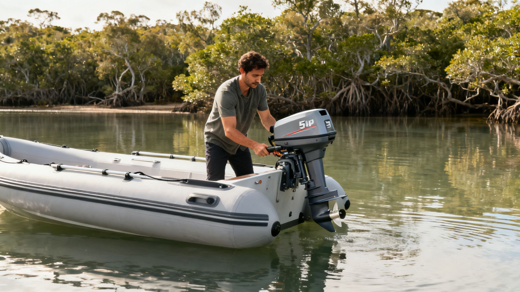 A man adjusts a 5 hp outboard motor on a grey inflatable boat in calm water.