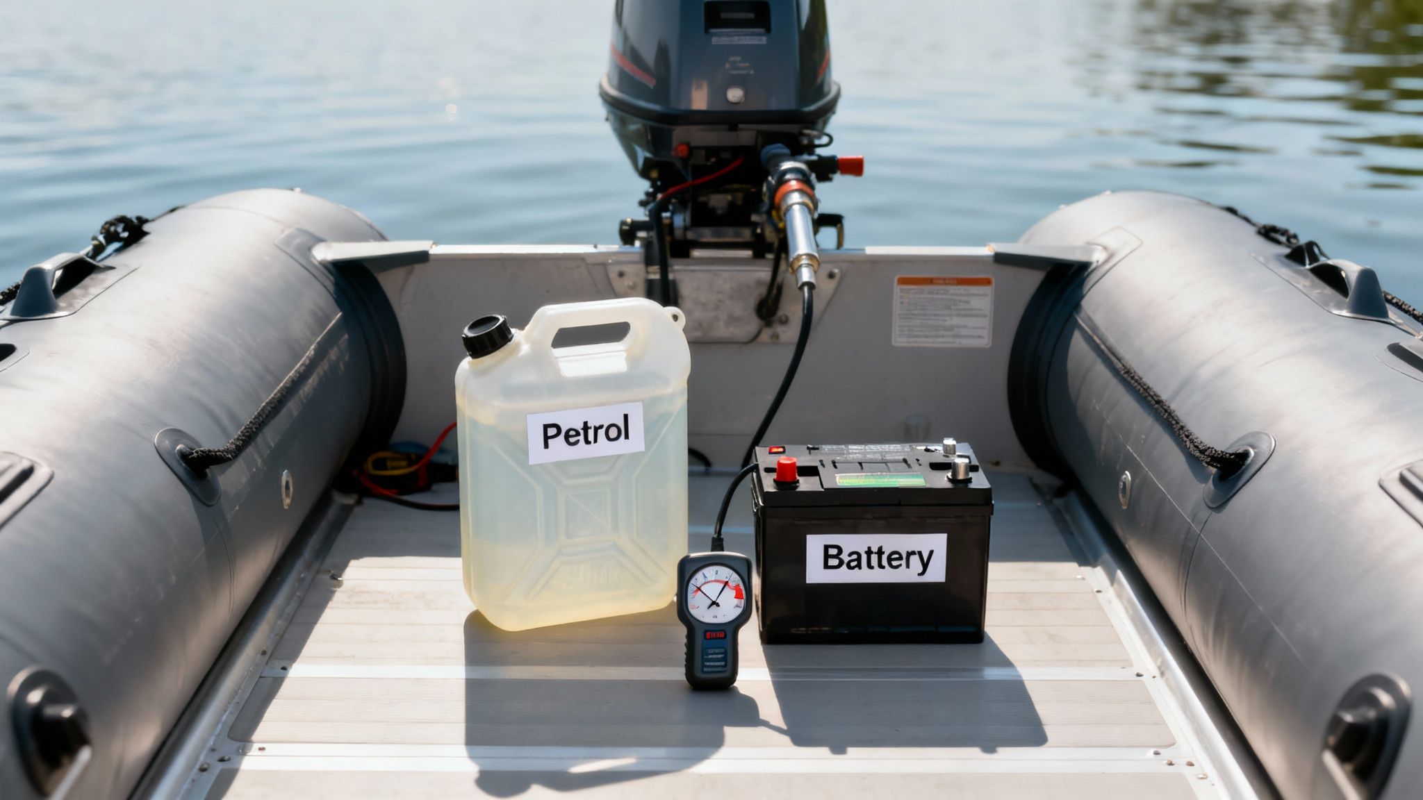An inflatable boat with an outboard motor, petrol can, battery, and gauge on a calm lake.