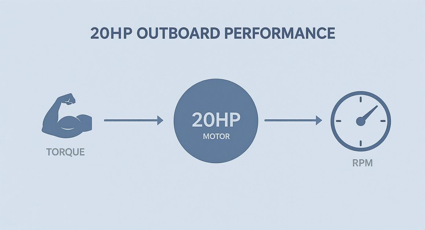 Diagram illustrating 20HP outboard motor performance, showing torque input, the motor, and RPM output.