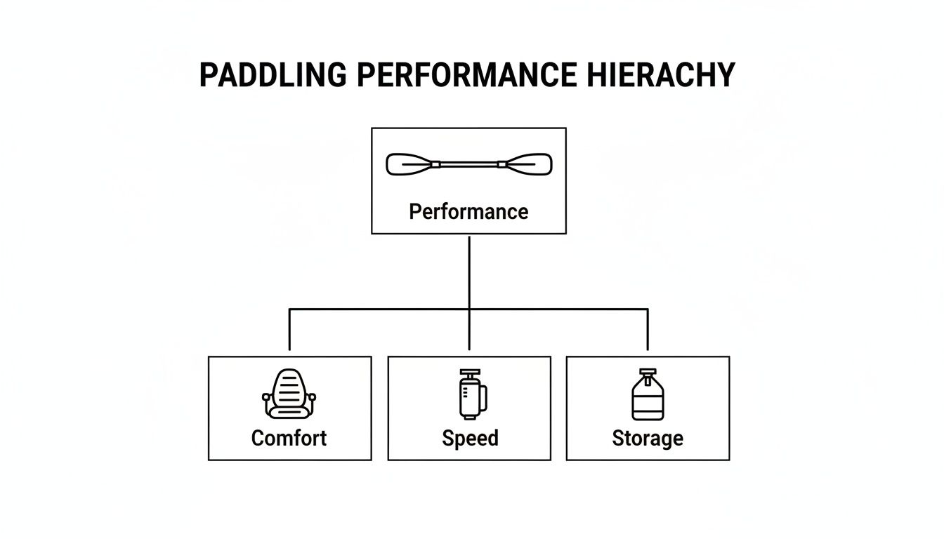 A hierarchy diagram illustrating paddling performance broken down into comfort, speed, and storage.