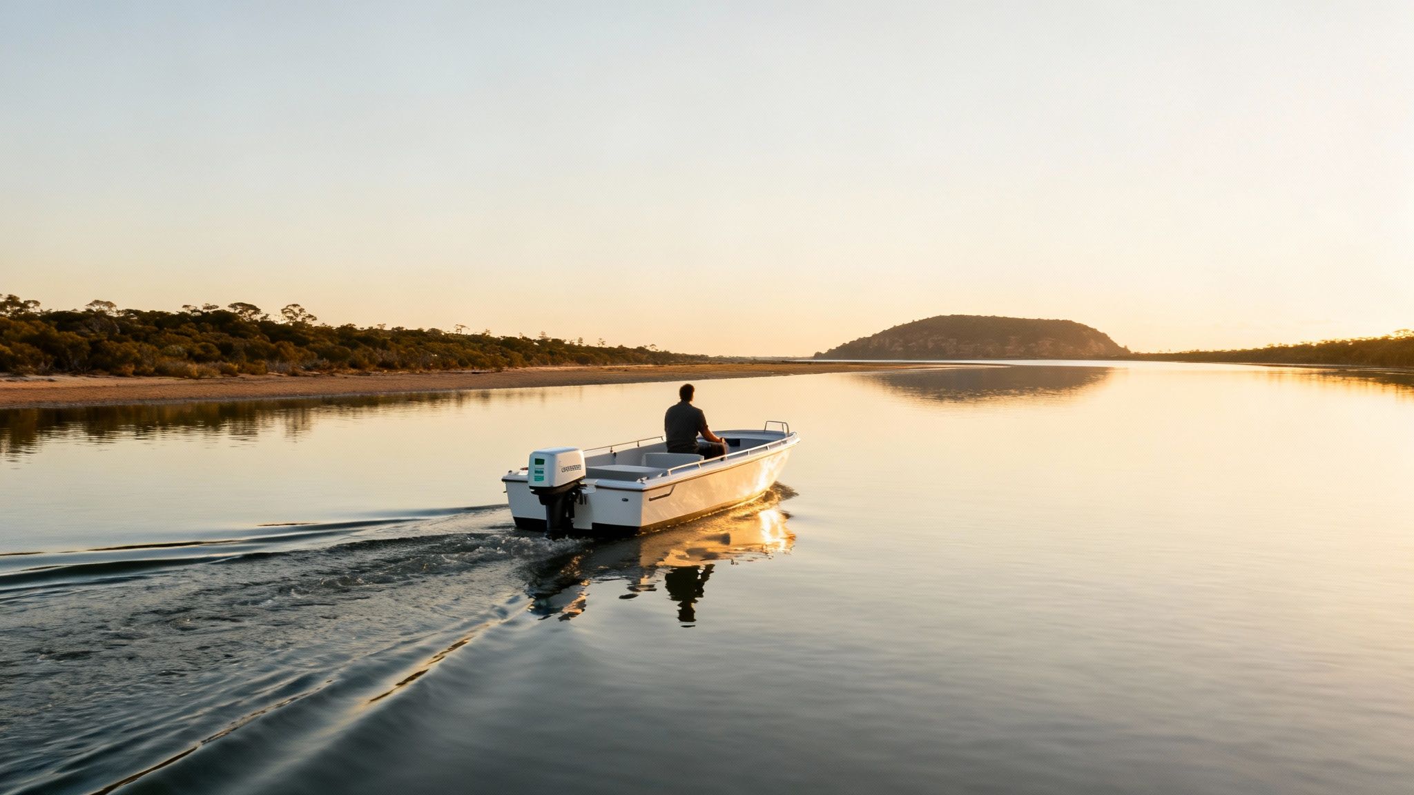 A person drives a small white boat with an outboard motor on a calm lake at sunset.