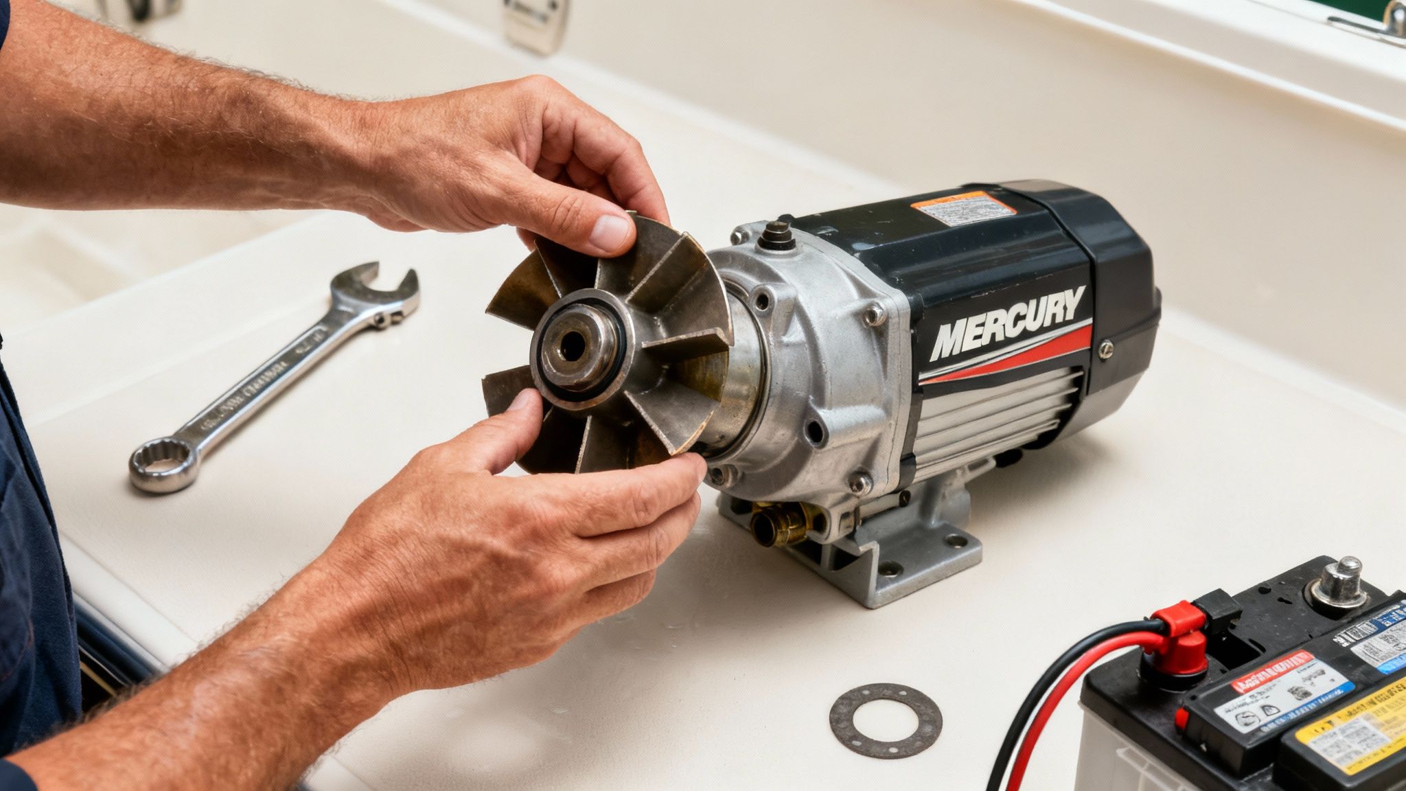 A person's hands working on a Mercury outboard motor, installing a new part
