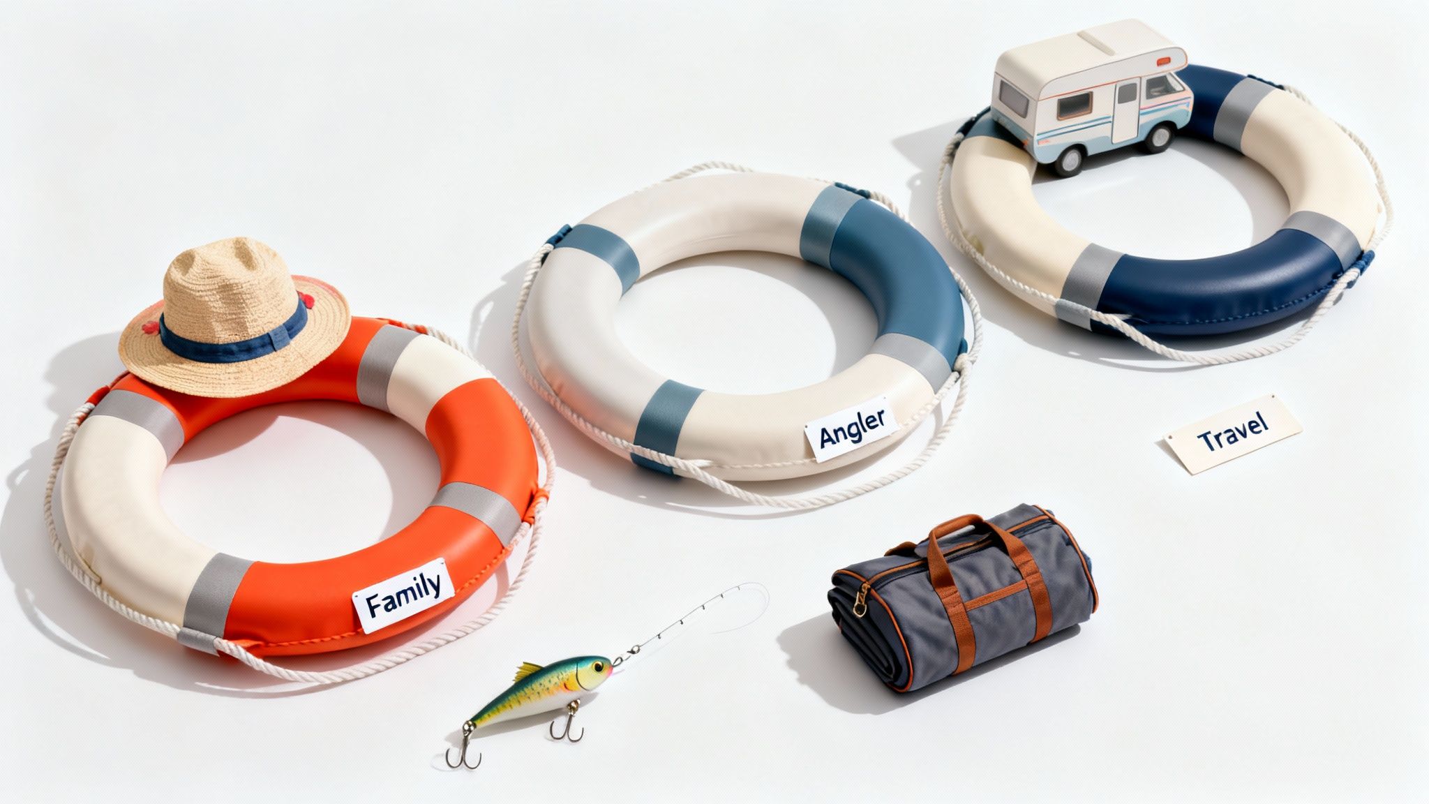 Three themed life preservers for Family, Angler, and Travel, with hat, fishing lure, bag, and camper.