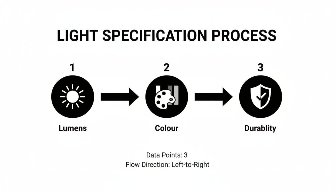 Diagram showing the light specification process steps: lumens, color, and durability from left to right.