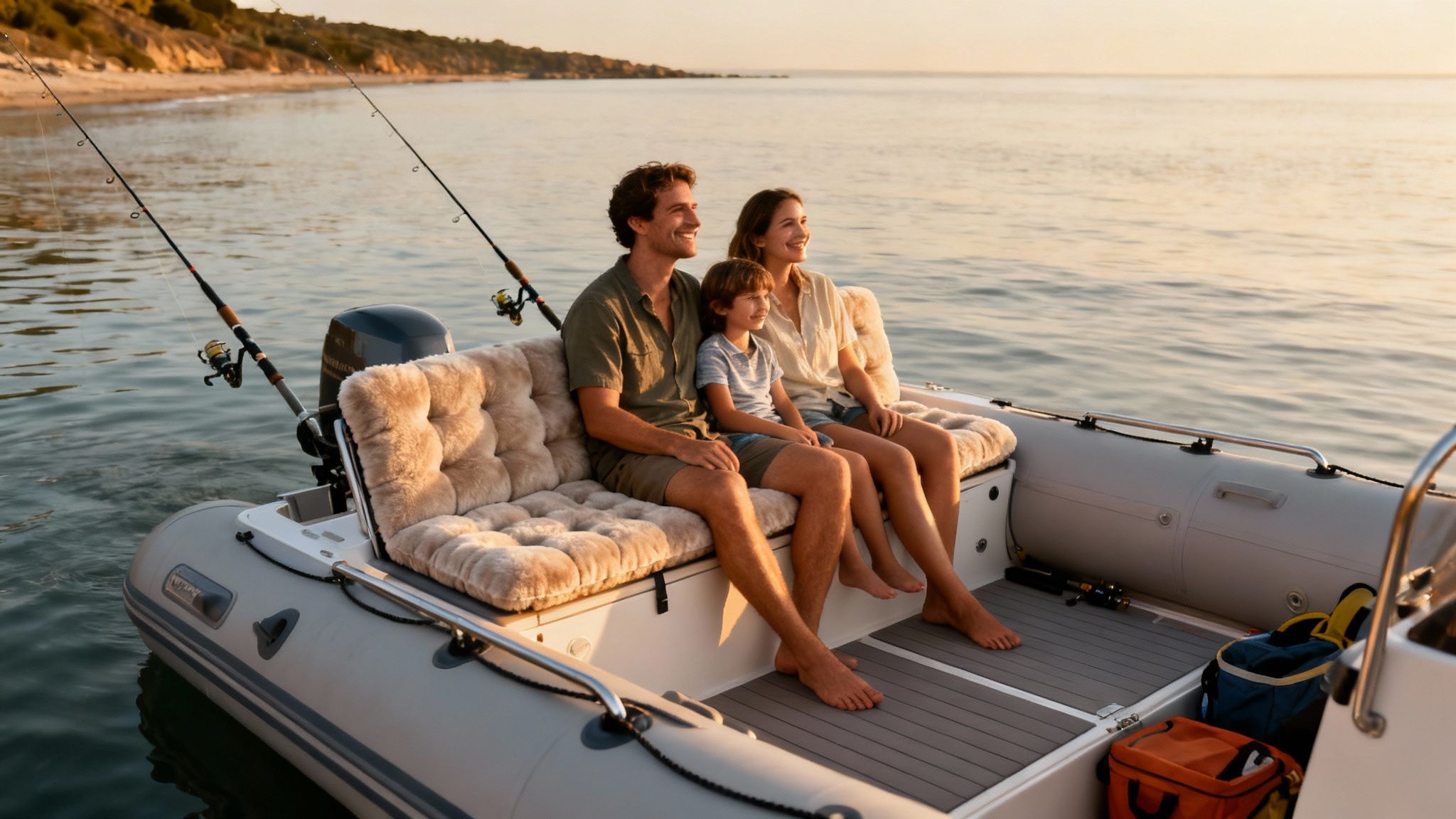 Smiling family relaxing on a boat with fishing rods and comfy seat pads at sunset.