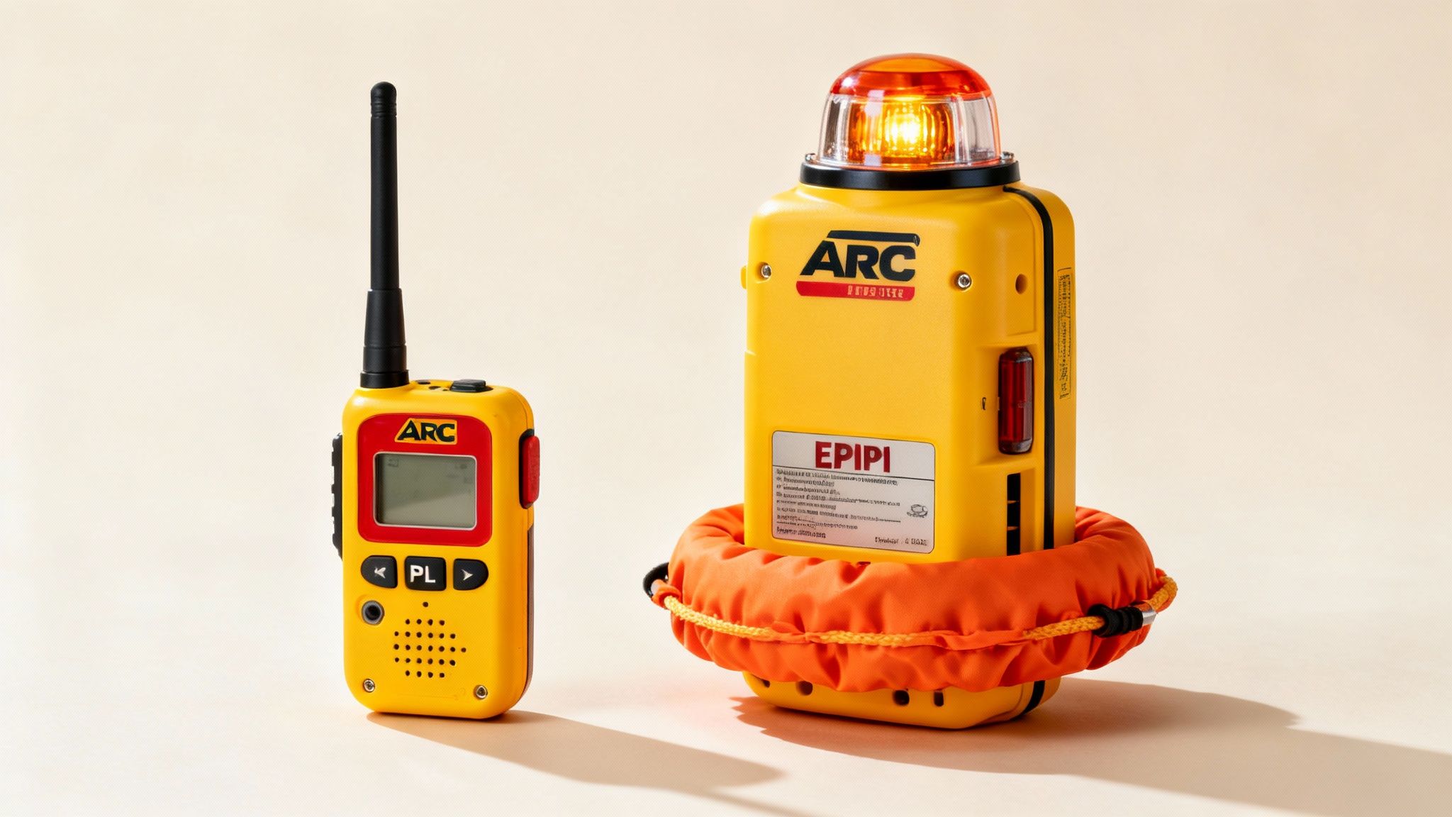 A person holding an ACR rescue beacon with mountains in the background.