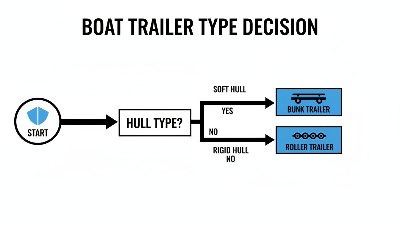 Flowchart showing boat trailer type decision based on hull type: soft hull leads to bunk trailer, rigid hull to roller trailer.