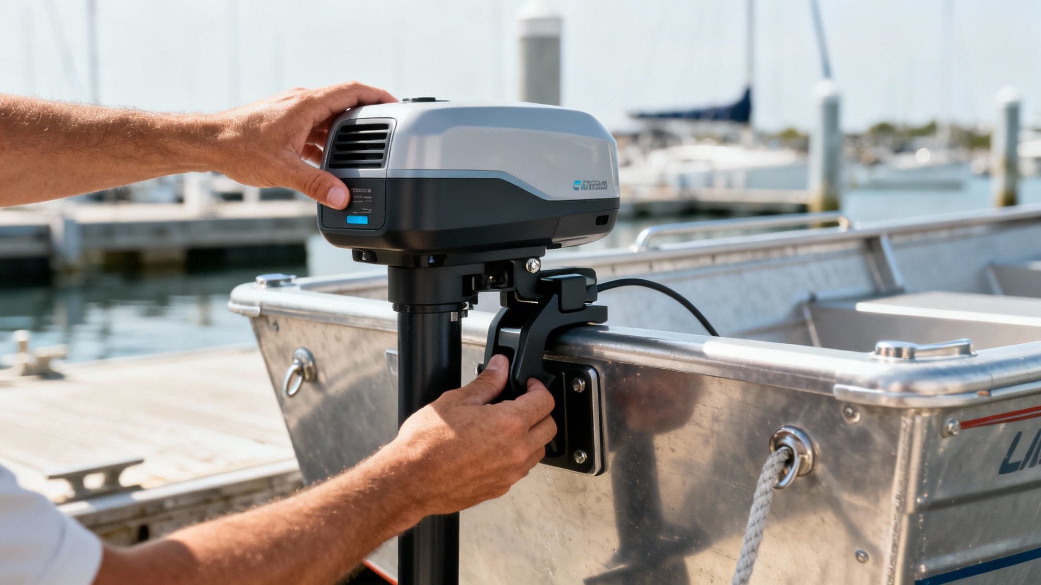 Person's hands attaching a gray and black electric boat motor to the stern of a small aluminum boat at a marina.
