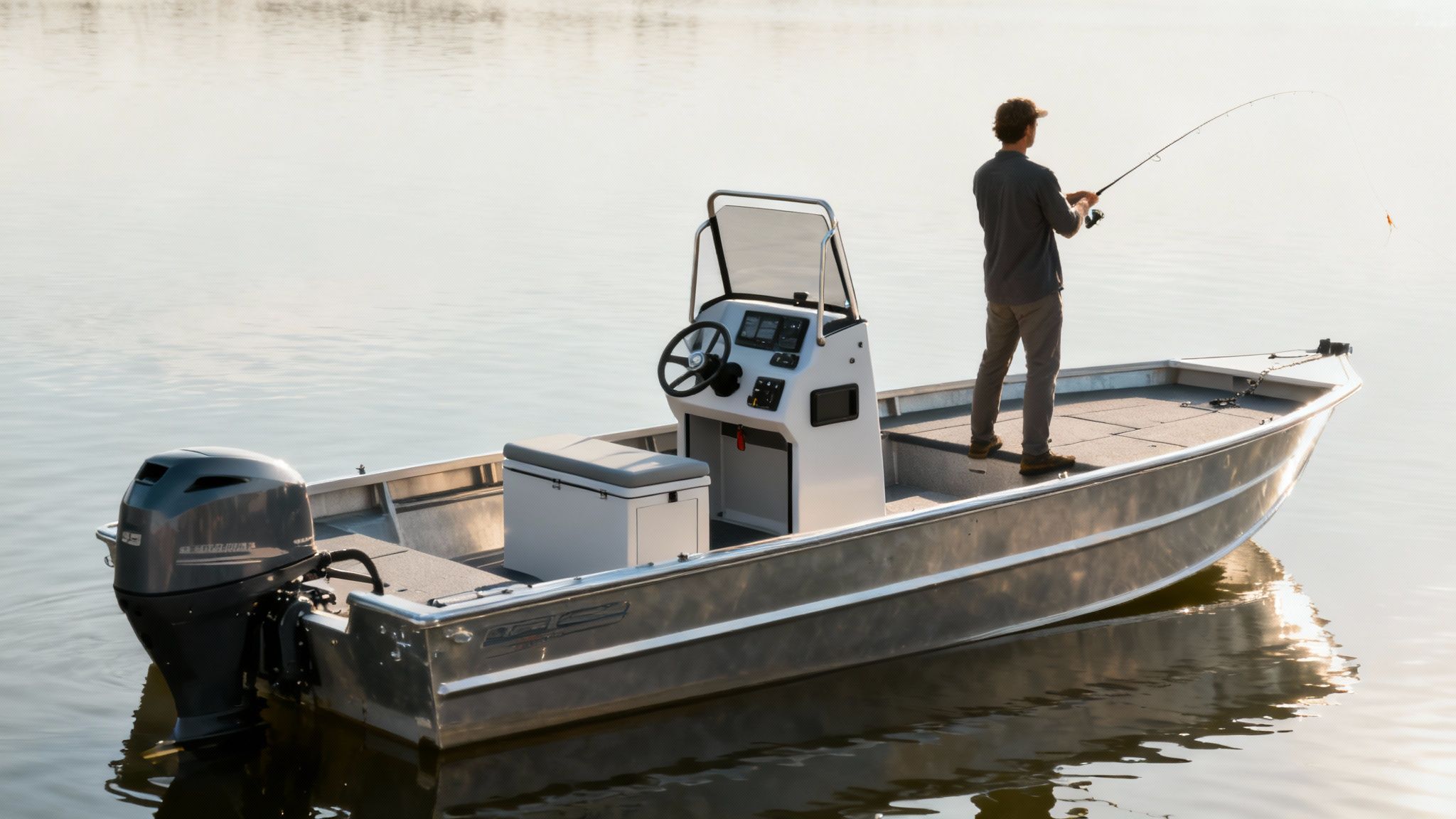 An aluminum boat with a side console kit installed, showing the steering wheel and controls.