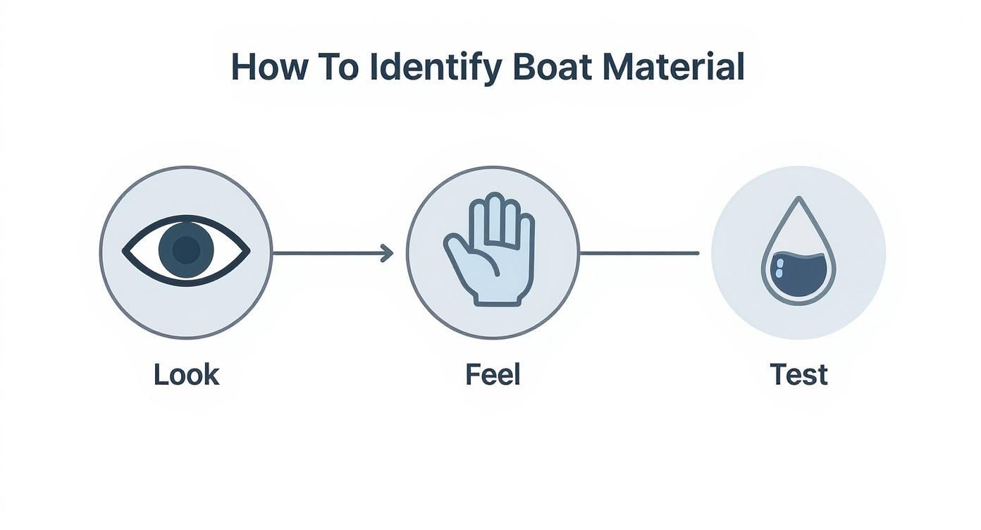 Infographic showing the process of identifying inflatable boat material by looking, feeling, and testing.