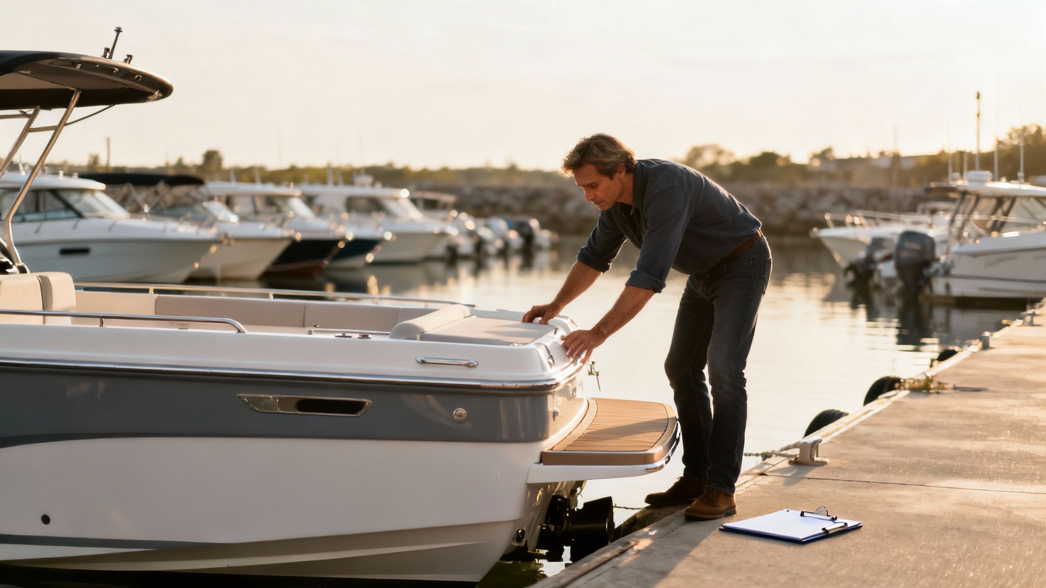A white tender boat docked at a marina