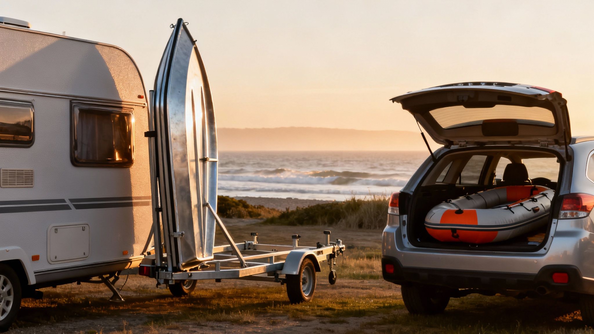Camper trailer, boat trailer, and car with an inflatable boat parked at a beach during sunset.