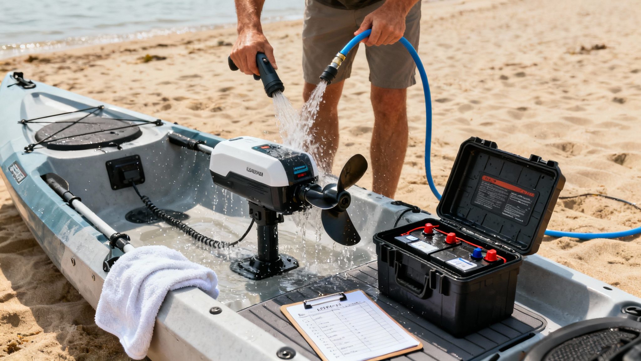 A person uses a hose to rinse an electric trolling motor attached to a kayak on a sandy beach.