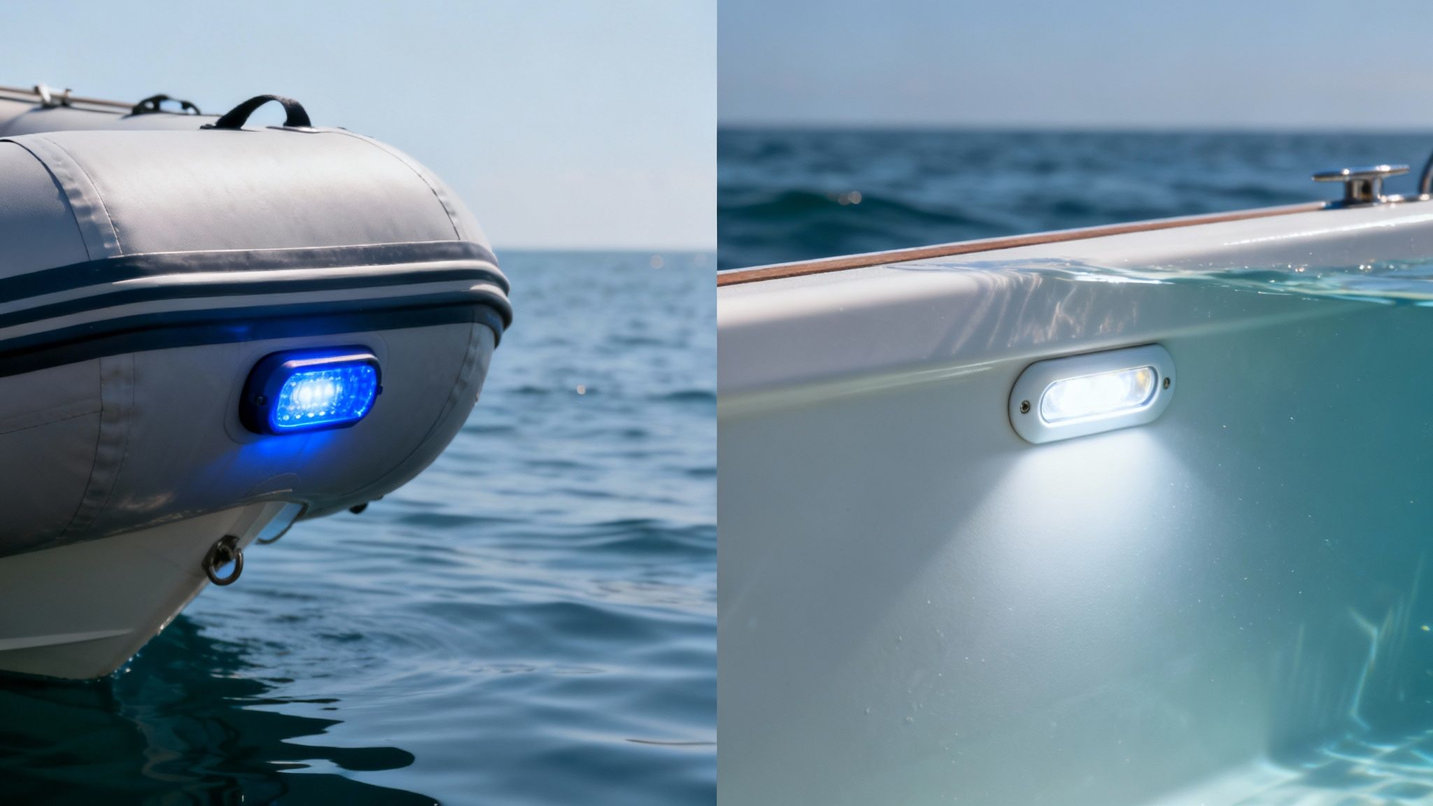 Two boats showcase their underwater lights: one with a blue light on an inflatable, and another with a bright white light shining beneath the water's surface.
