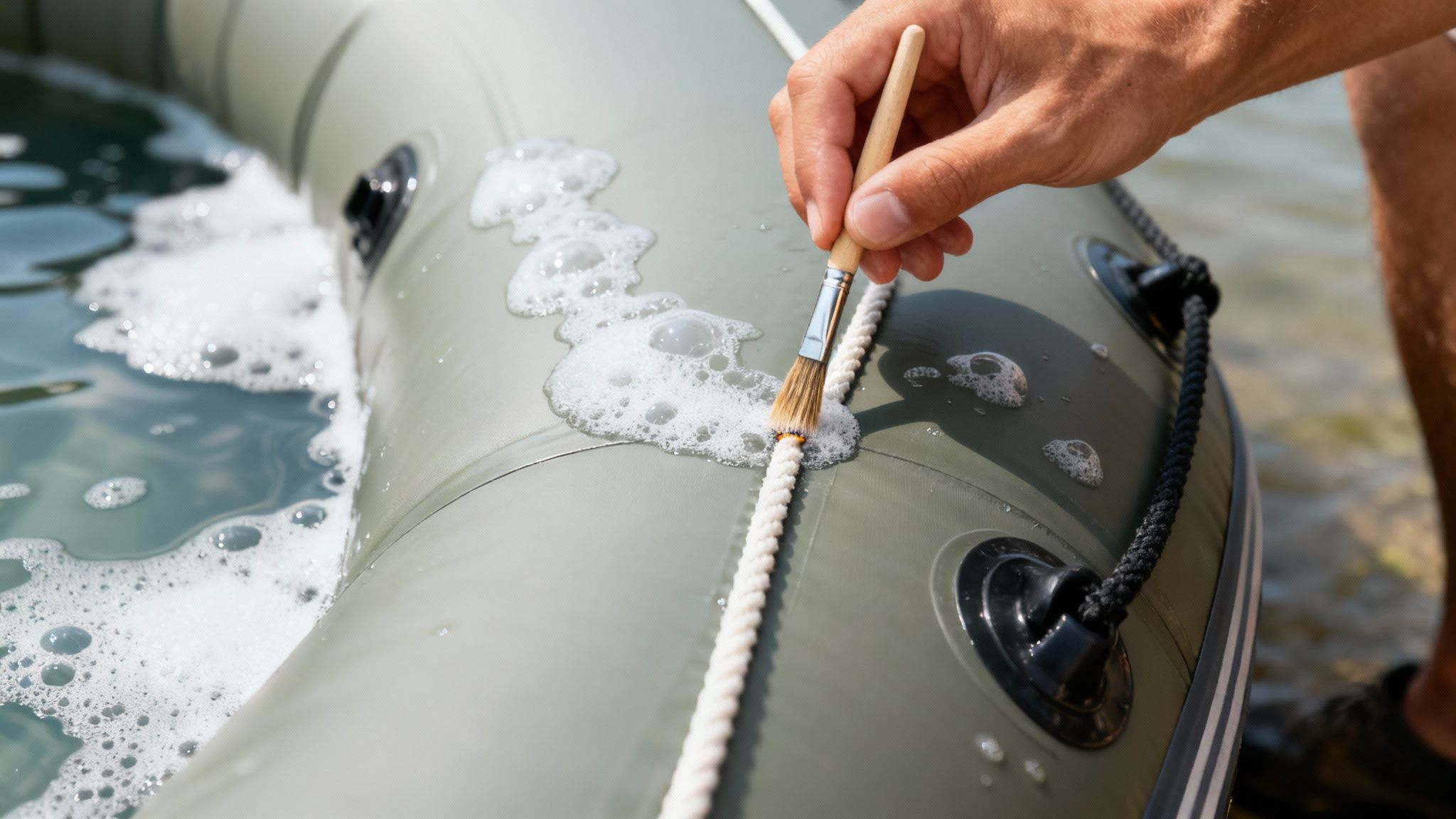 A person inspecting an inflatable rubber boat for leaks.