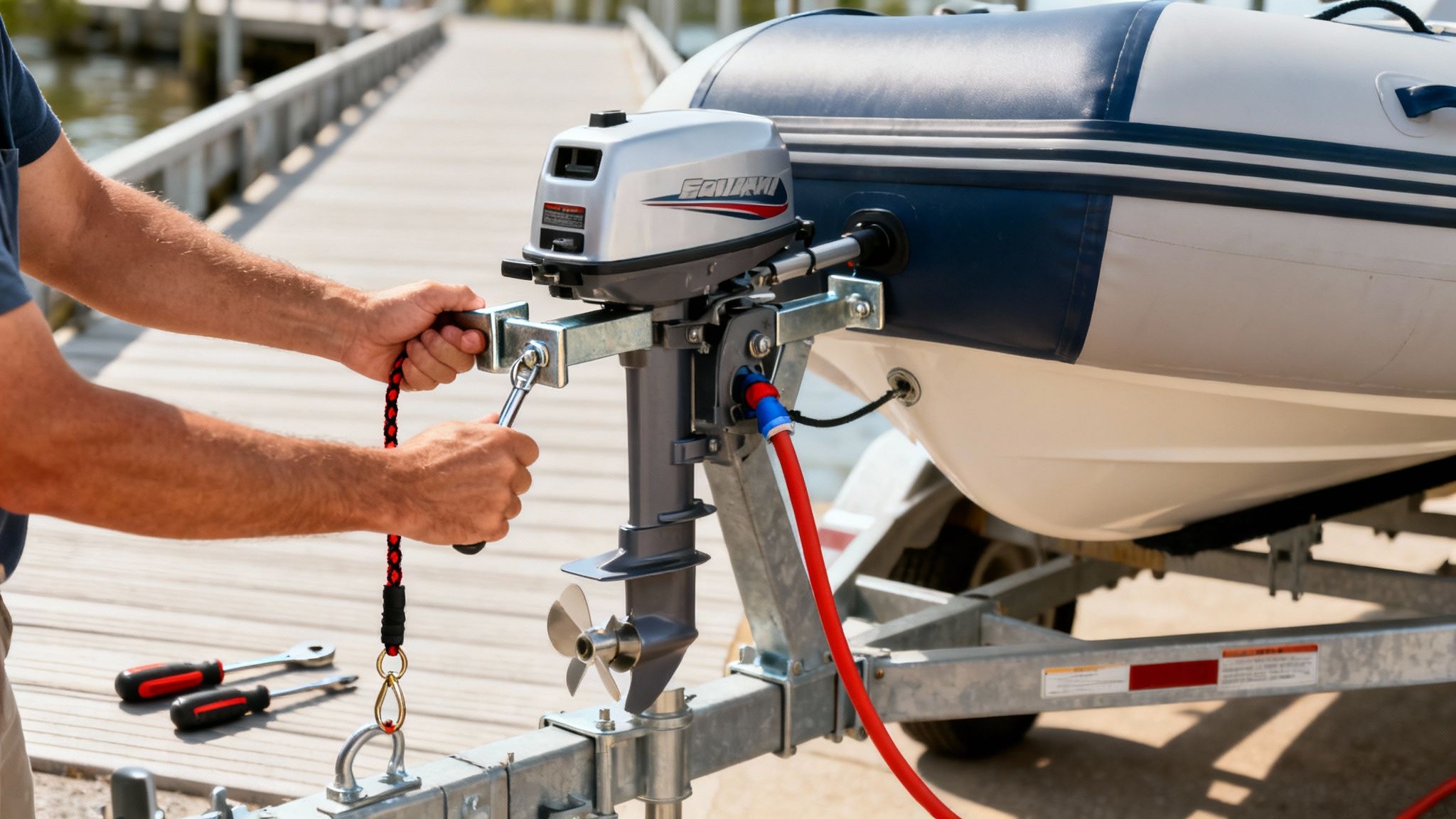 Person mounting a small outboard engine on a white and blue inflatable boat.