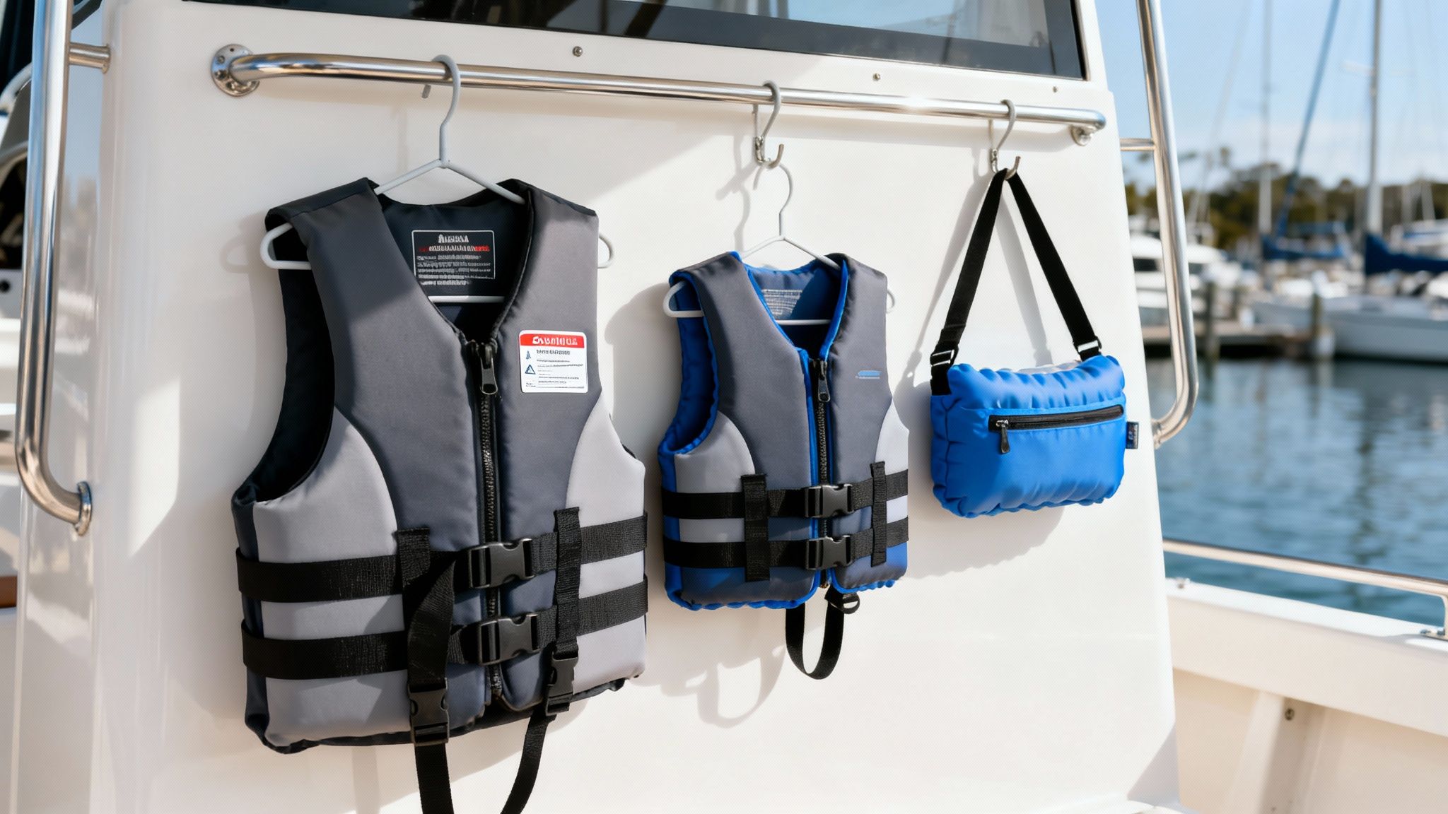 Two life jackets and a blue bag hanging on a boat's railing, overlooking a marina.