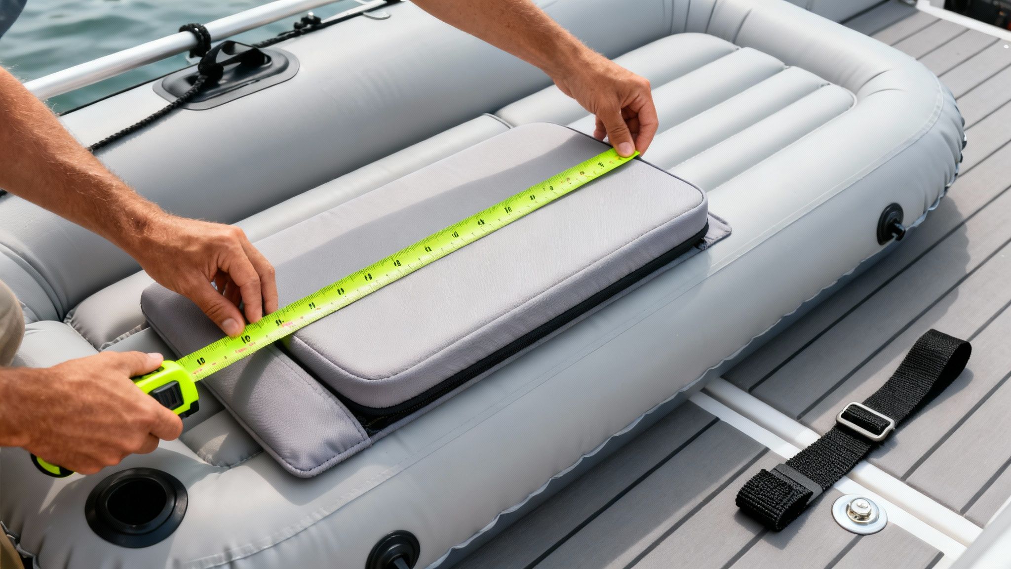 A person measures a grey boat seat pad with a yellow tape measure on an inflatable boat.