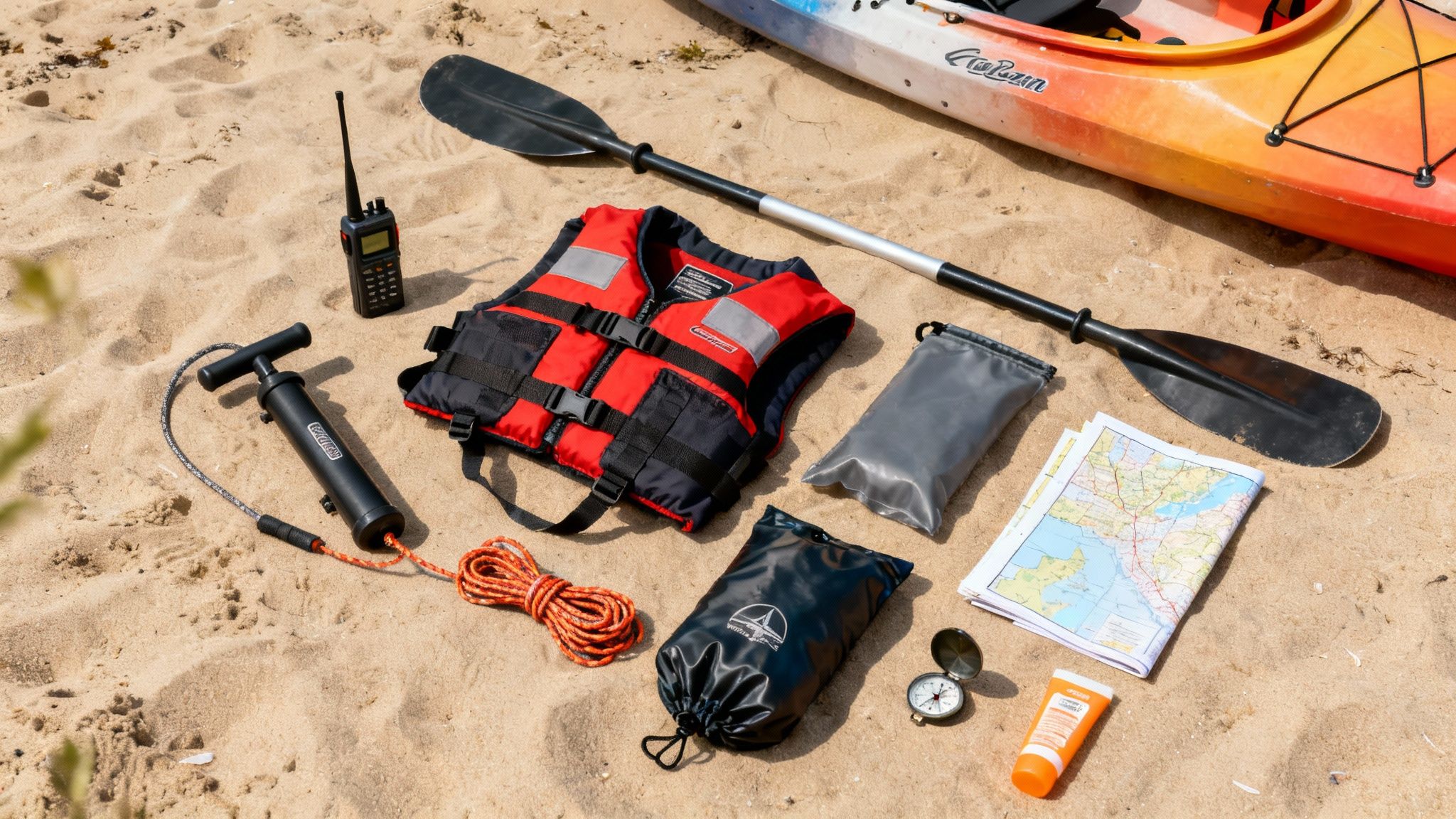 Kayaking essentials laid out on sand: pump, life vest, paddle, compass, map, sunscreen, dry bags, and radio.