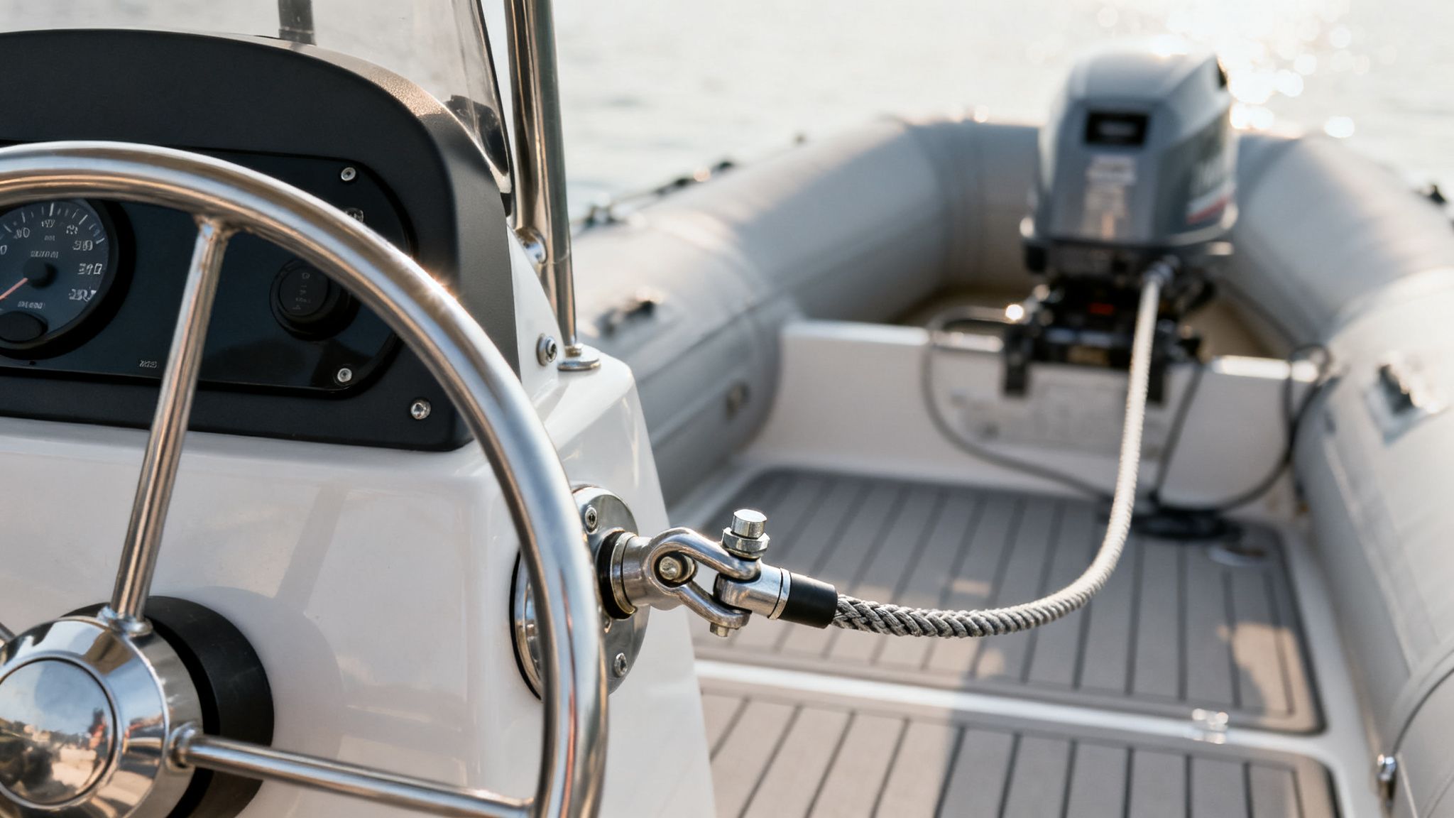 Close-up of a boat's steering wheel and a cable connecting to the outboard motor.