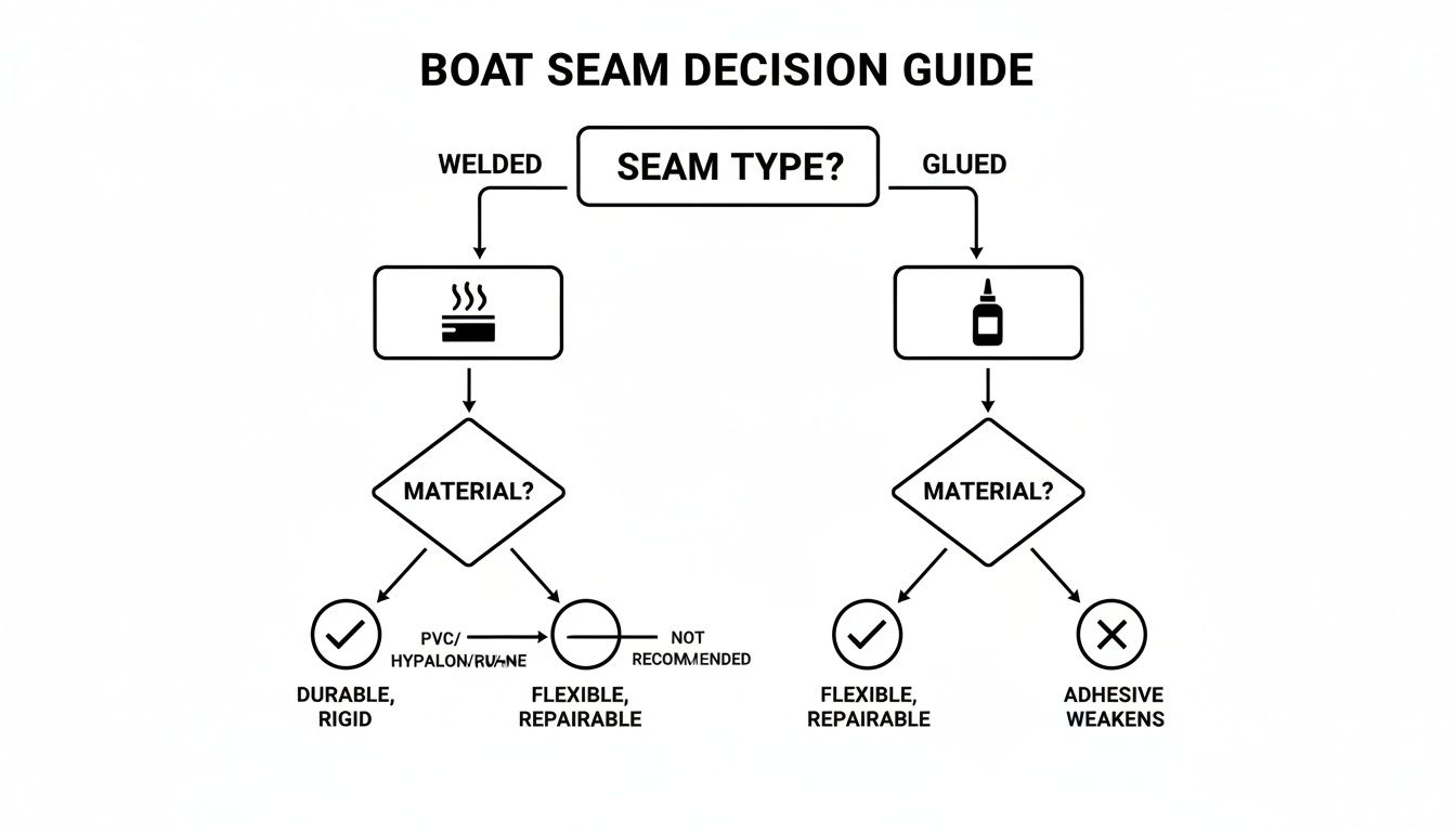 Decision guide flow chart for boat seams, comparing welded versus glued methods based on material type, durability, flexibility, and repairability.