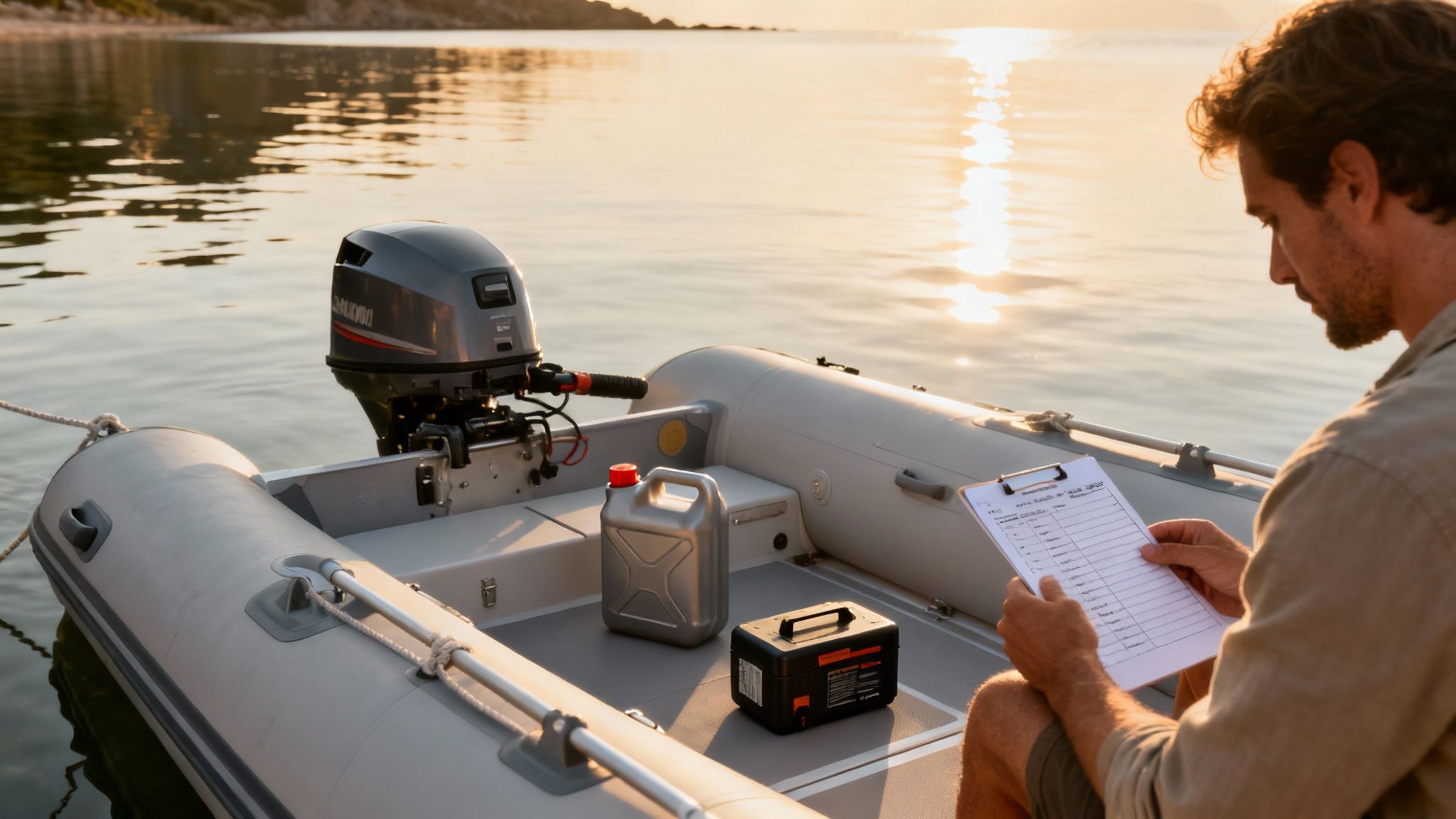 Man in an inflatable boat with an outboard motor, fuel, and battery, reviewing a checklist.