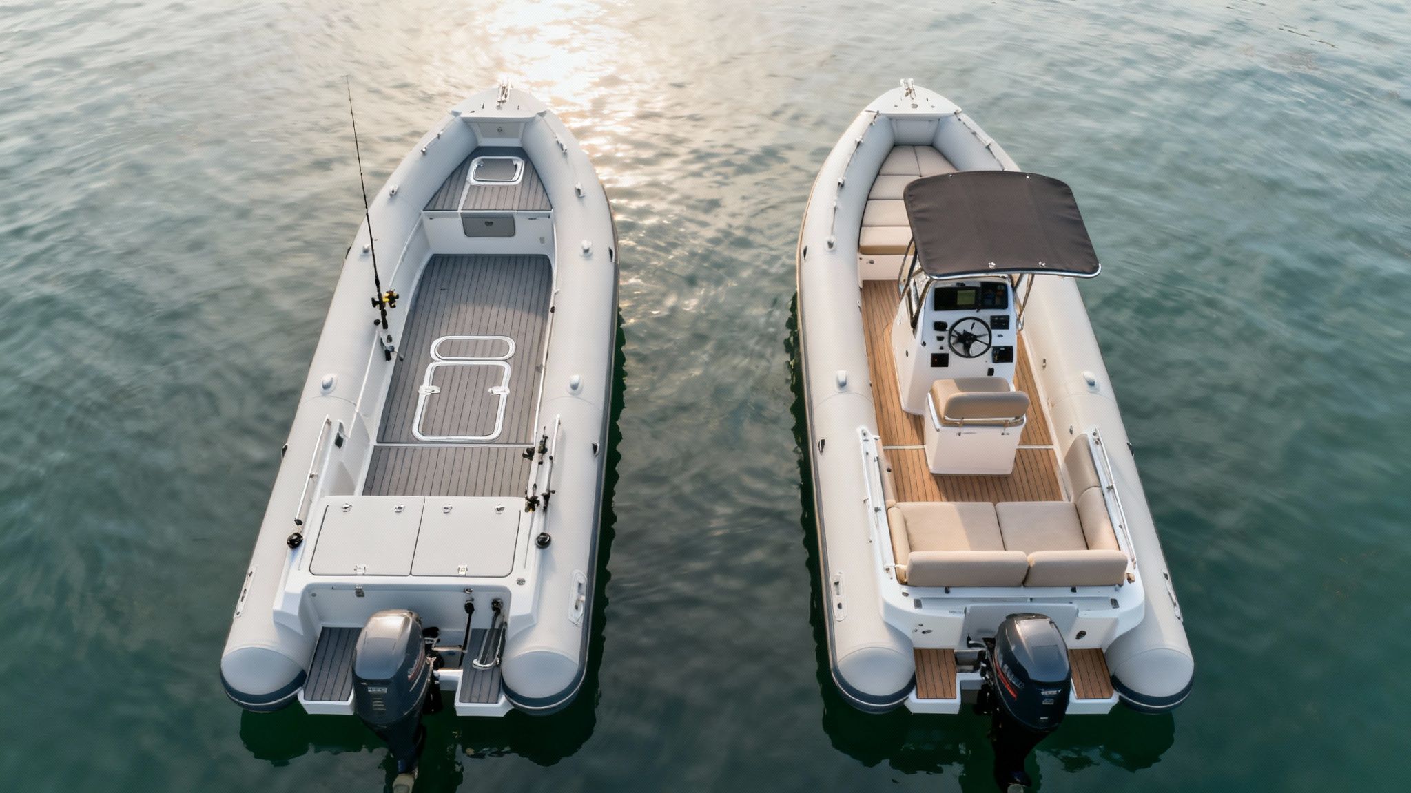 A family enjoying their time on a rigid inflatable boat in a calm blue water.