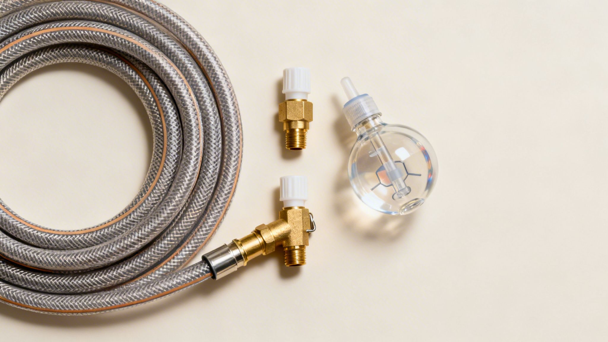 Coiled grey hose with orange stripe, two brass connectors, and a clear spherical bottle.