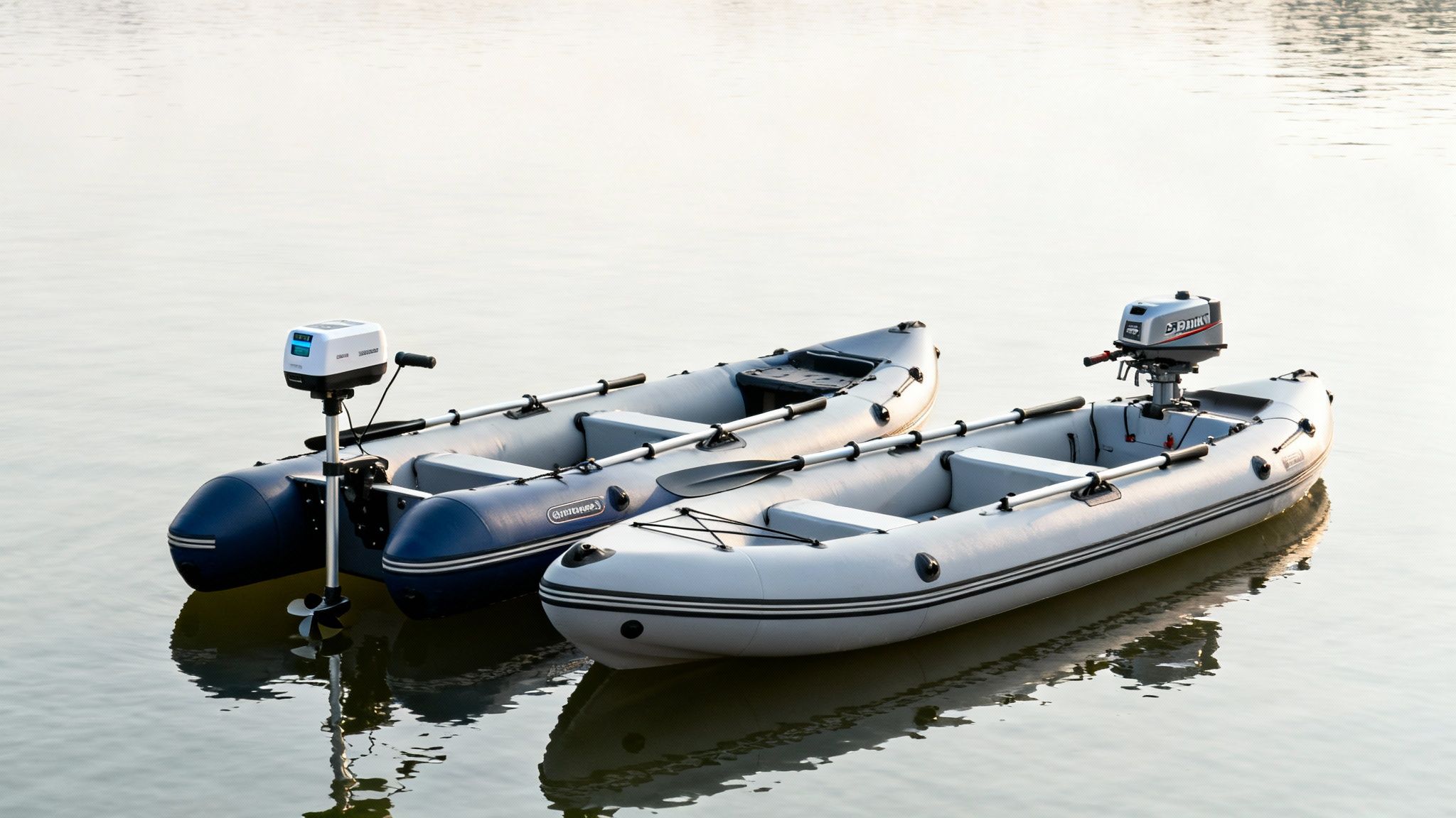 Two inflatable boats with different motors and oars, floating on calm water.