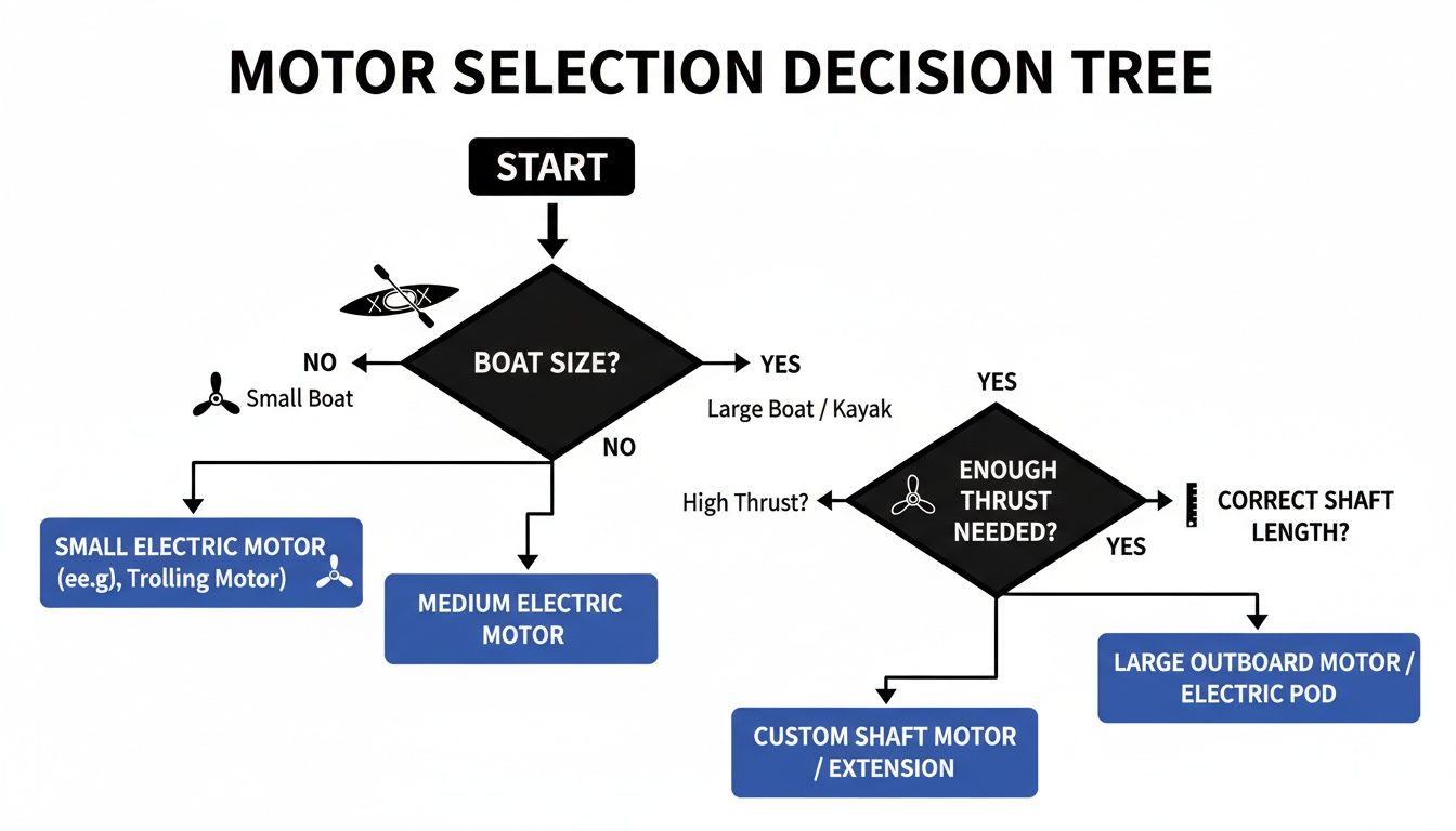 Decision tree flowchart guiding motor selection based on boat size, thrust, and shaft length.