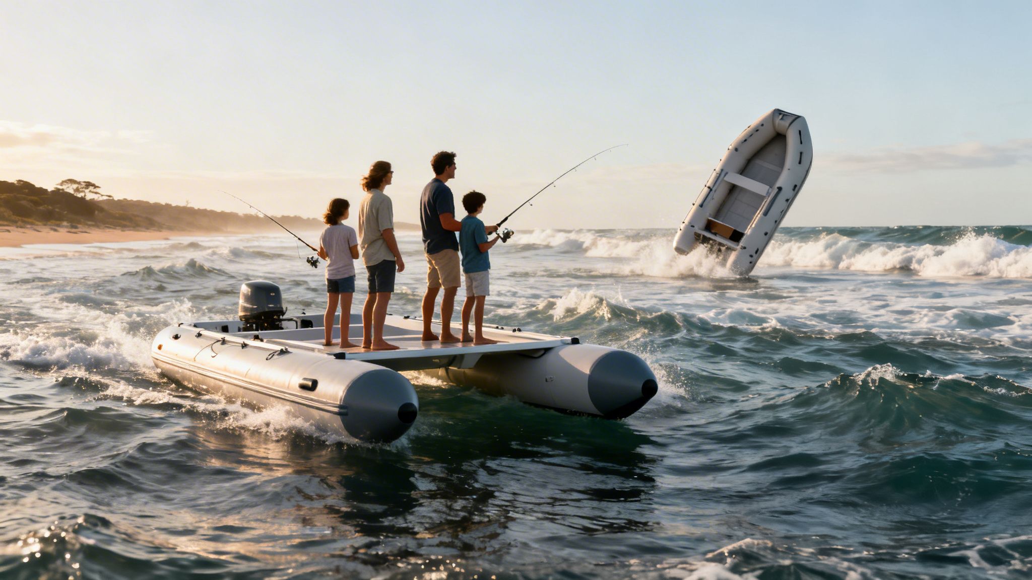 A family of four fishes from an inflatable catamaran in choppy ocean waters at sunset.