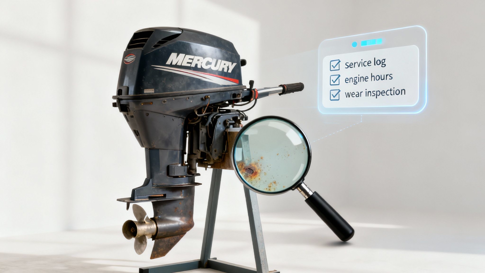 A person inspecting a used Mercury outboard motor mounted on a boat