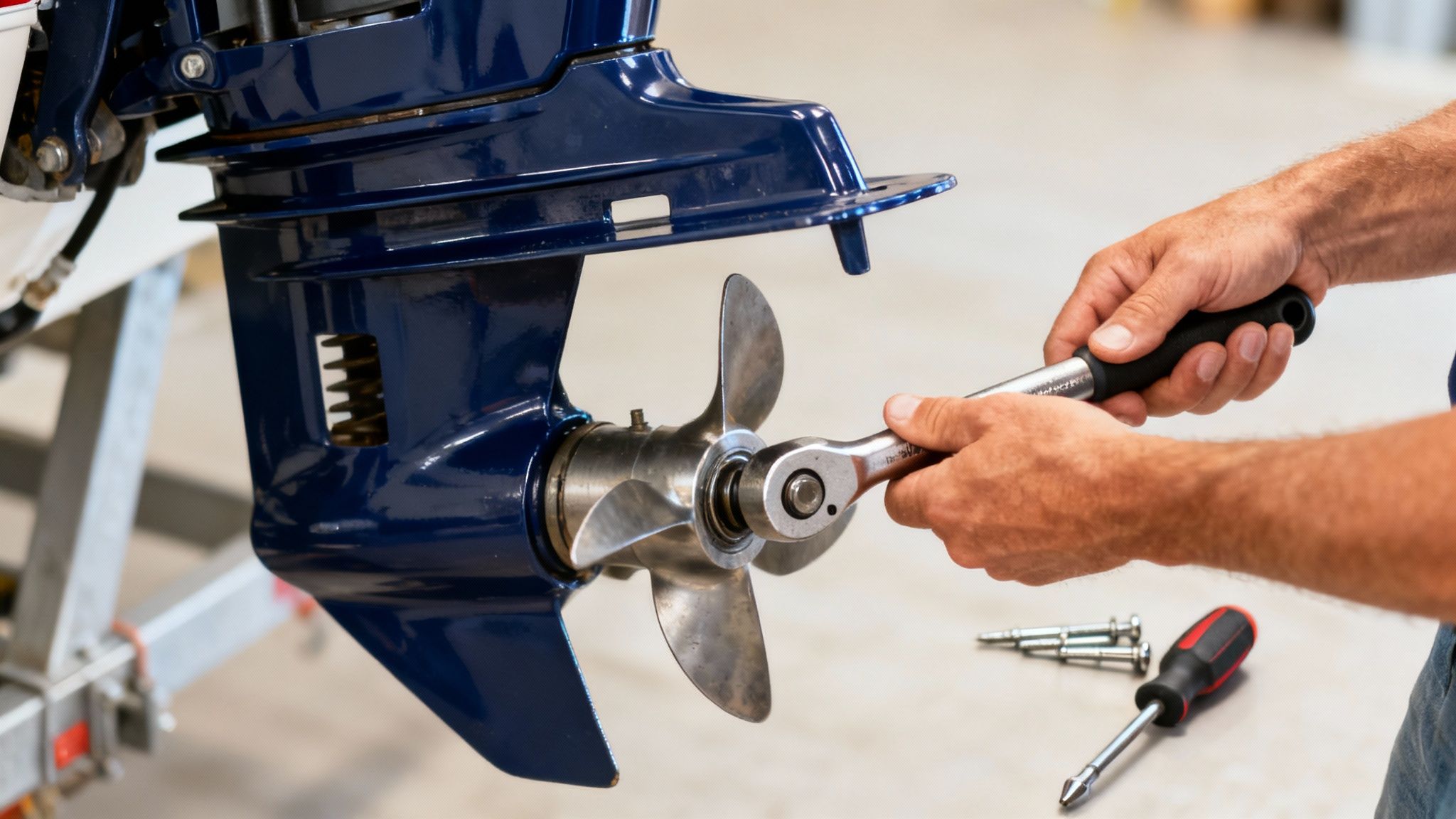 A person's hands working on a Mercury outboard motor in a well-lit workshop.