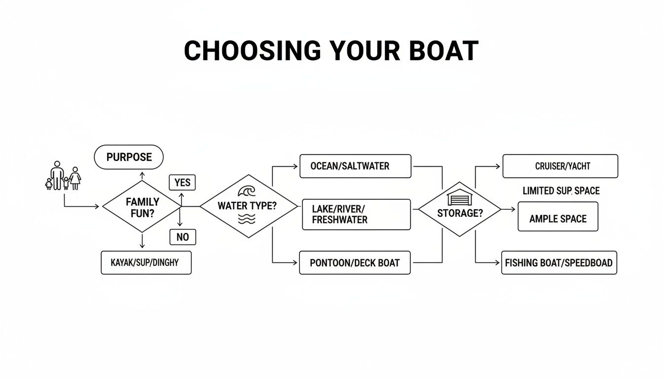 Diagram showing how to choose a boat considering family activities, water type, and storage options.