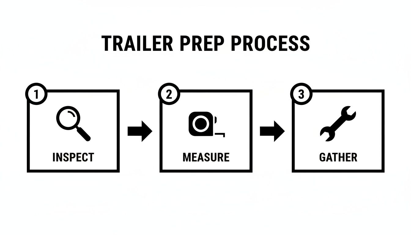 Process diagram detailing three steps for trailer preparation: inspect with magnifying glass, measure with tape, and gather with wrench.
