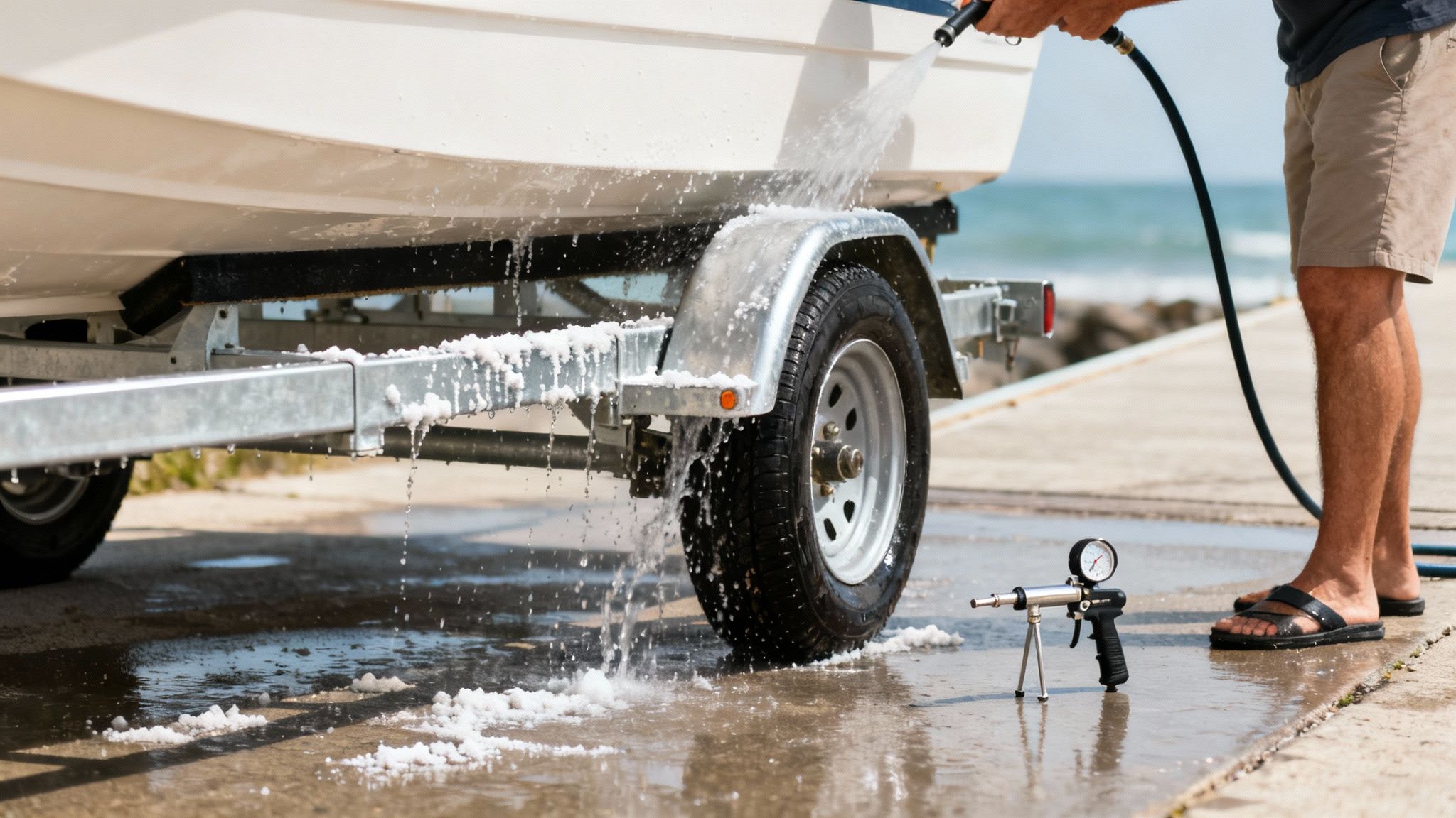 A man washes a small white boat on its trailer with a hose, creating suds on the boat and ground.