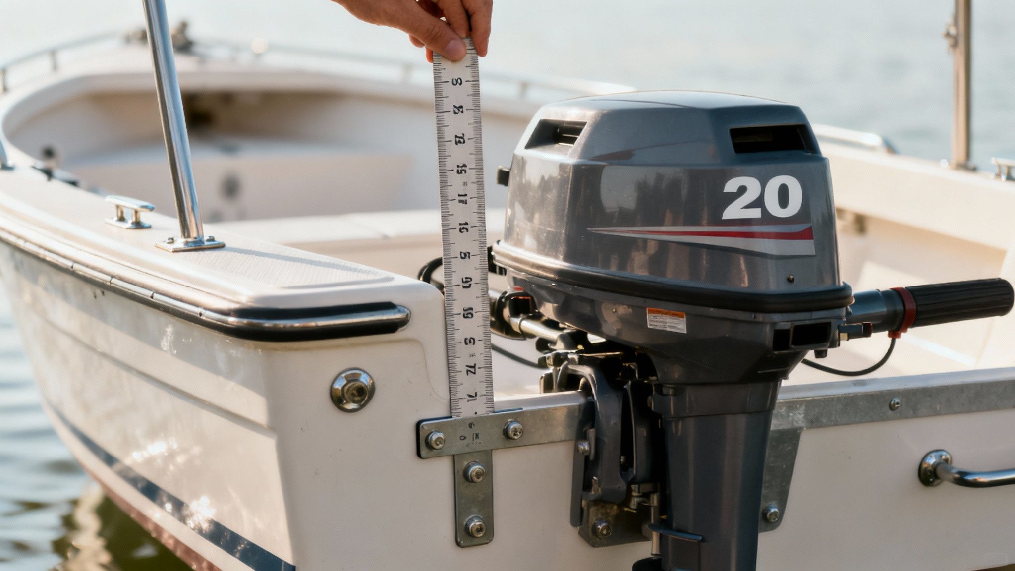 A 20 hp outboard engine mounted on a small boat near a dock