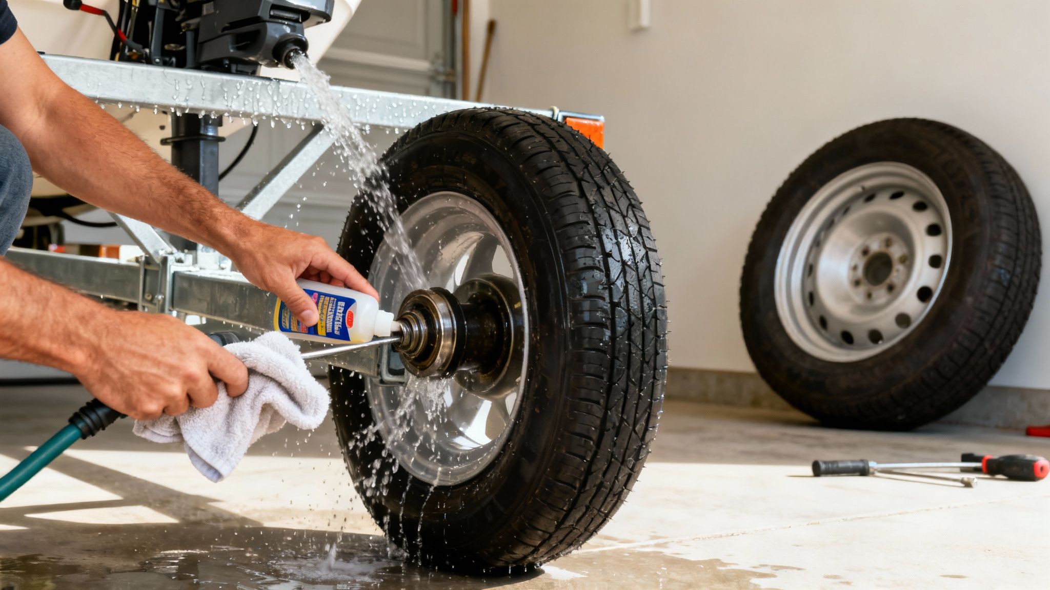 Man's hands cleaning a boat trailer wheel with water and lubrication, performing maintenance.