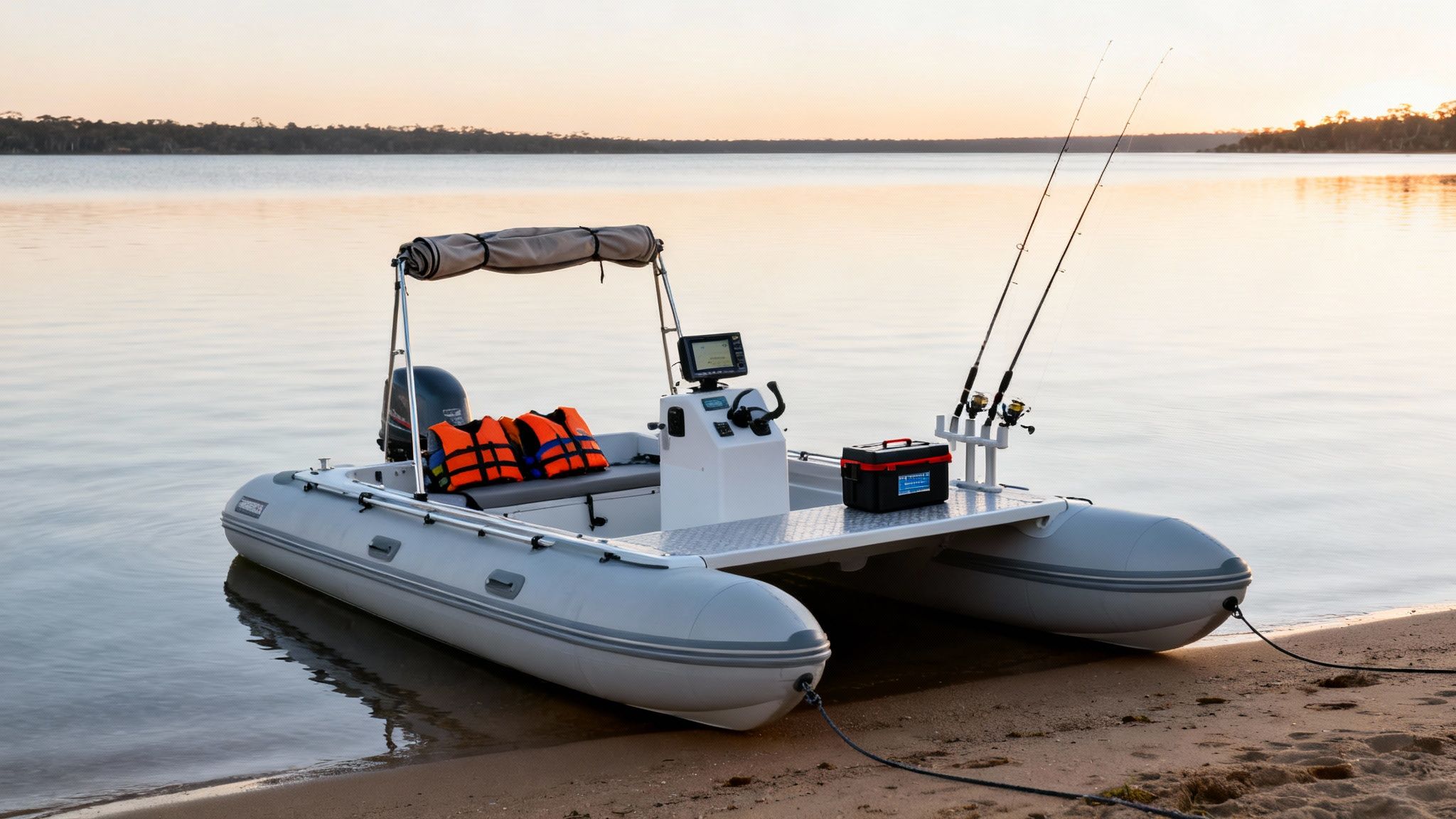 An inflatable fishing boat with rods, life jackets, and a tackle box on a sandy beach.