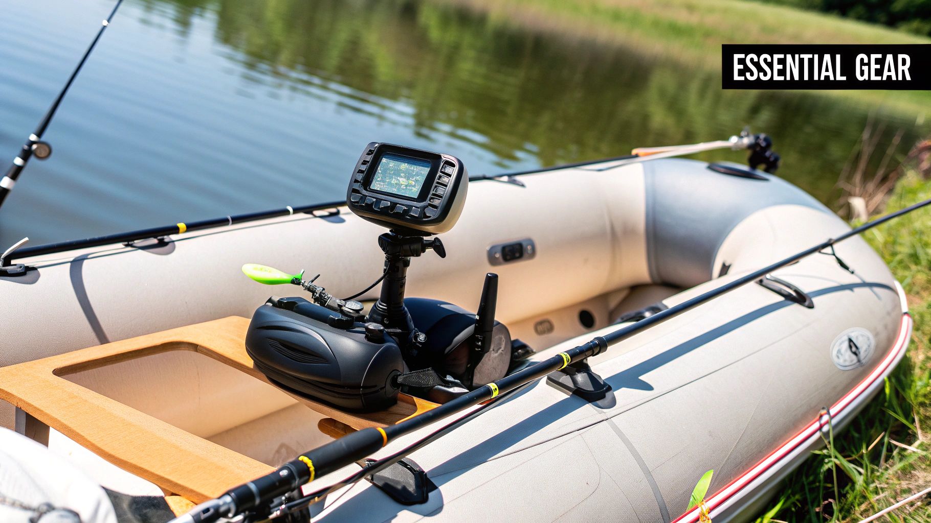 A fishing inflatable boat kitted out with essential gear.