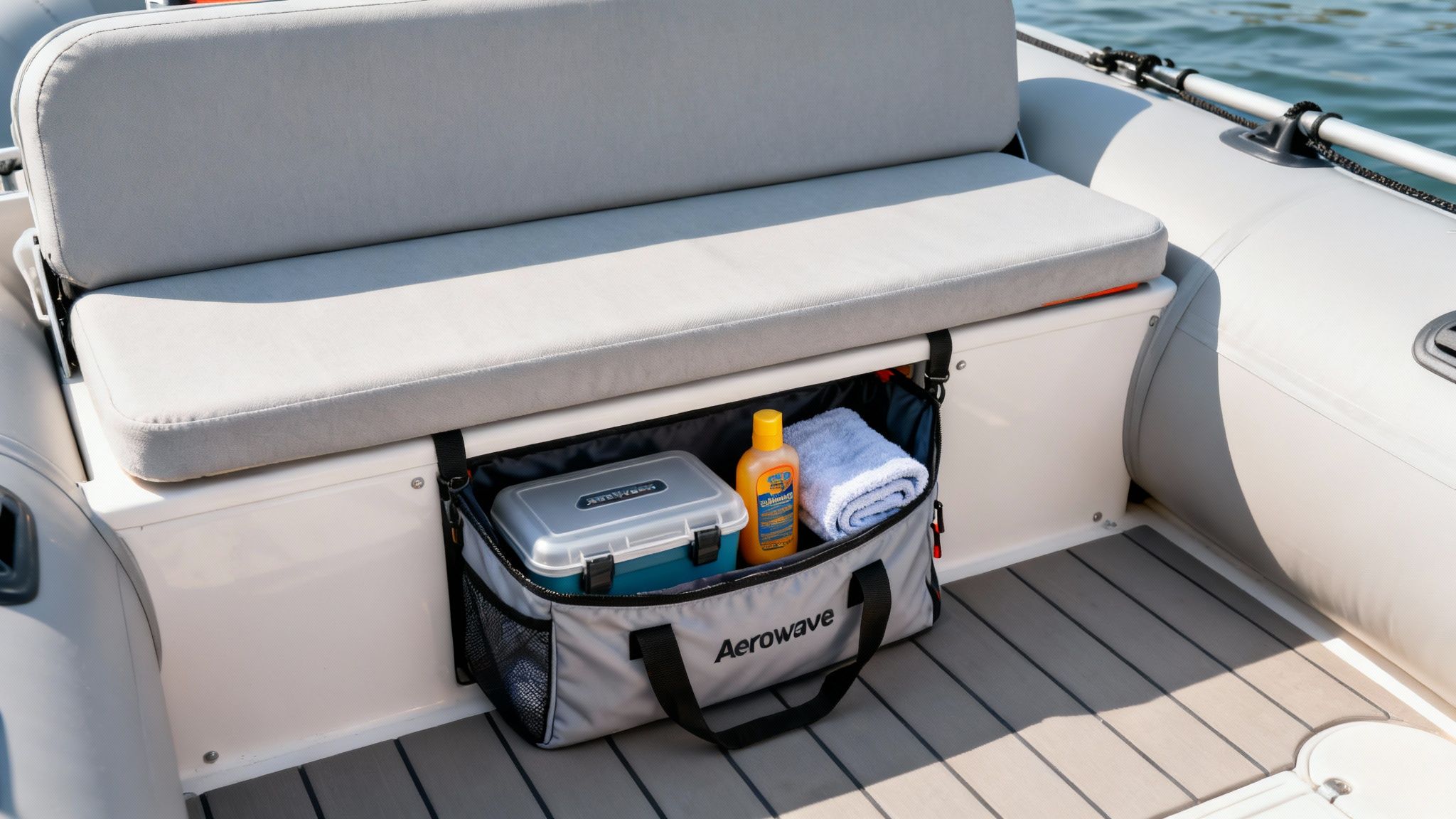 Boat interior with a grey cushioned seat and an Aerowave storage bag filled with beach essentials.