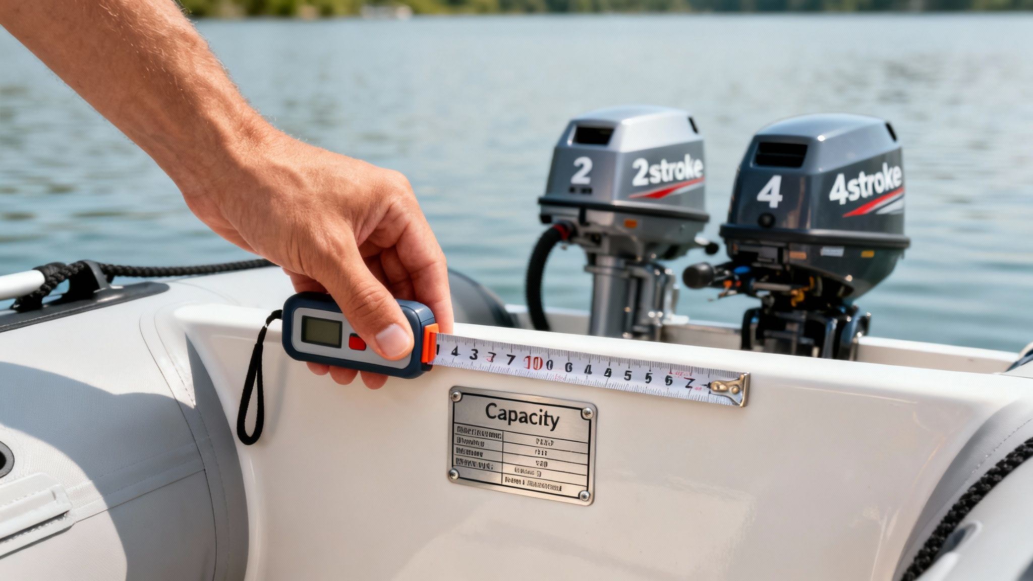 A hand measures a boat's capacity plate with a tape measure, two boat engines in background.