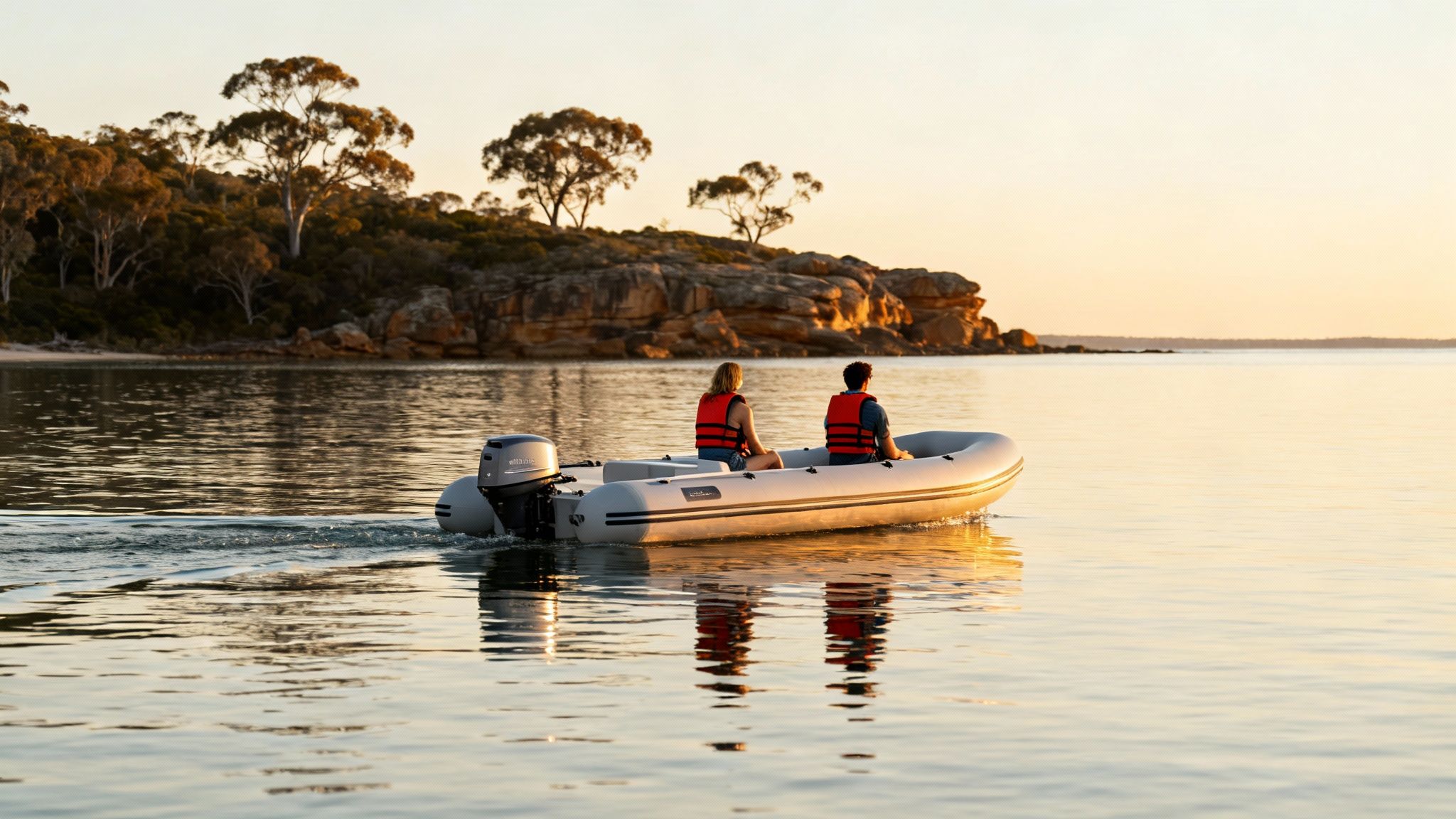 A couple boating in an inflatable boat with an outboard engine on tranquil water near a scenic coastline.