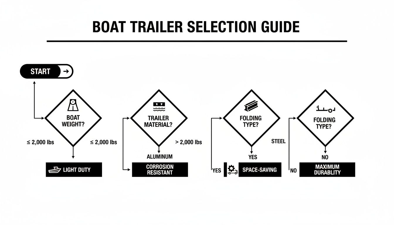 Flowchart guiding boat trailer selection based on boat weight, material, and folding type.