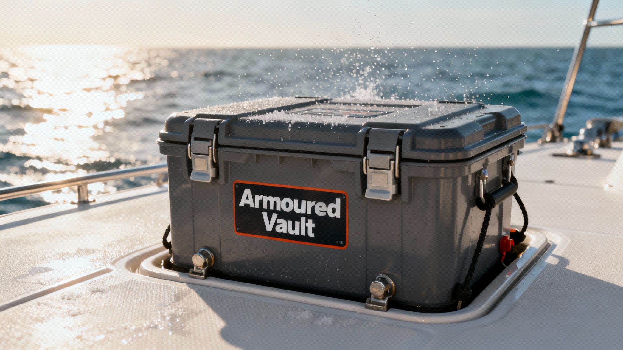 A marine battery securely fastened inside a black battery box on a boat's deck.