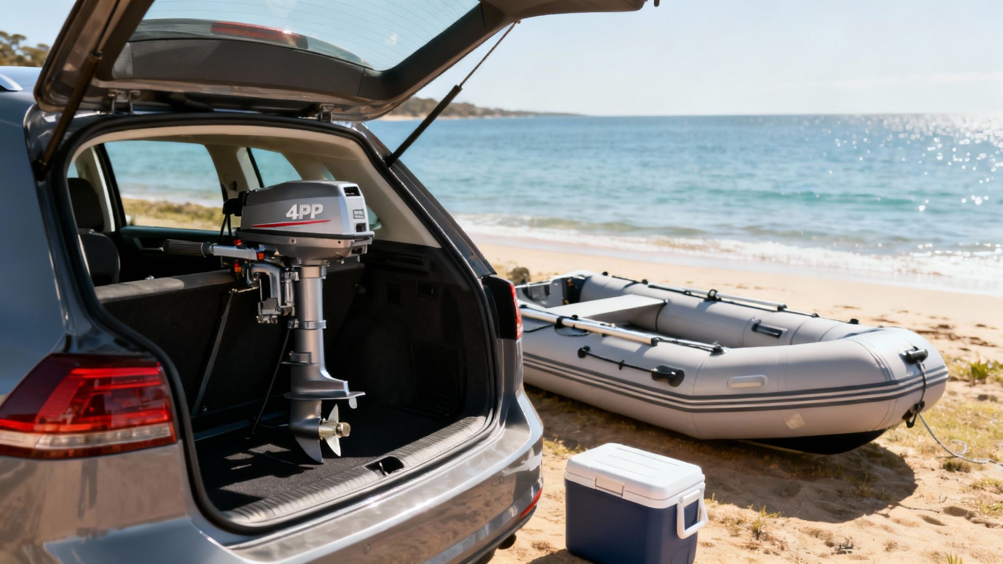 Outboard motor in car trunk, with inflatable boat, cooler, and sunny beach scene.